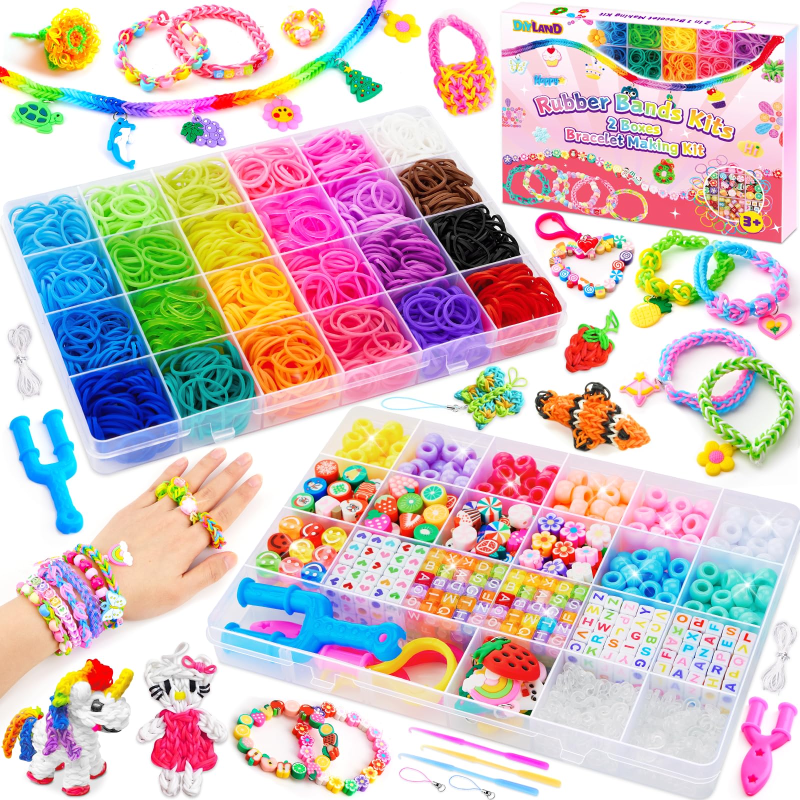 DIYLAND24 Colors Loom Bands Kit, Bracelet Making Kits for Friendship Bracelet Kit, Craft Kit for Girls Ages 8-12, Included 19 Types Bead Set and Other All Accessories