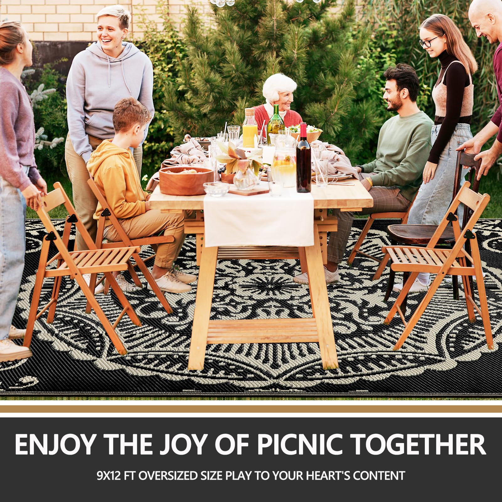 Capslpad Outdoor Teppich Wetterfest, Balkon Teppich, Kunststoff Camping Teppich, Leichtgewicht Picknickdecke, Vorzeltteppich Outdoorteppich für Balkon, Picknick, Camping, Garten, 270 x 365 cm Schwarz