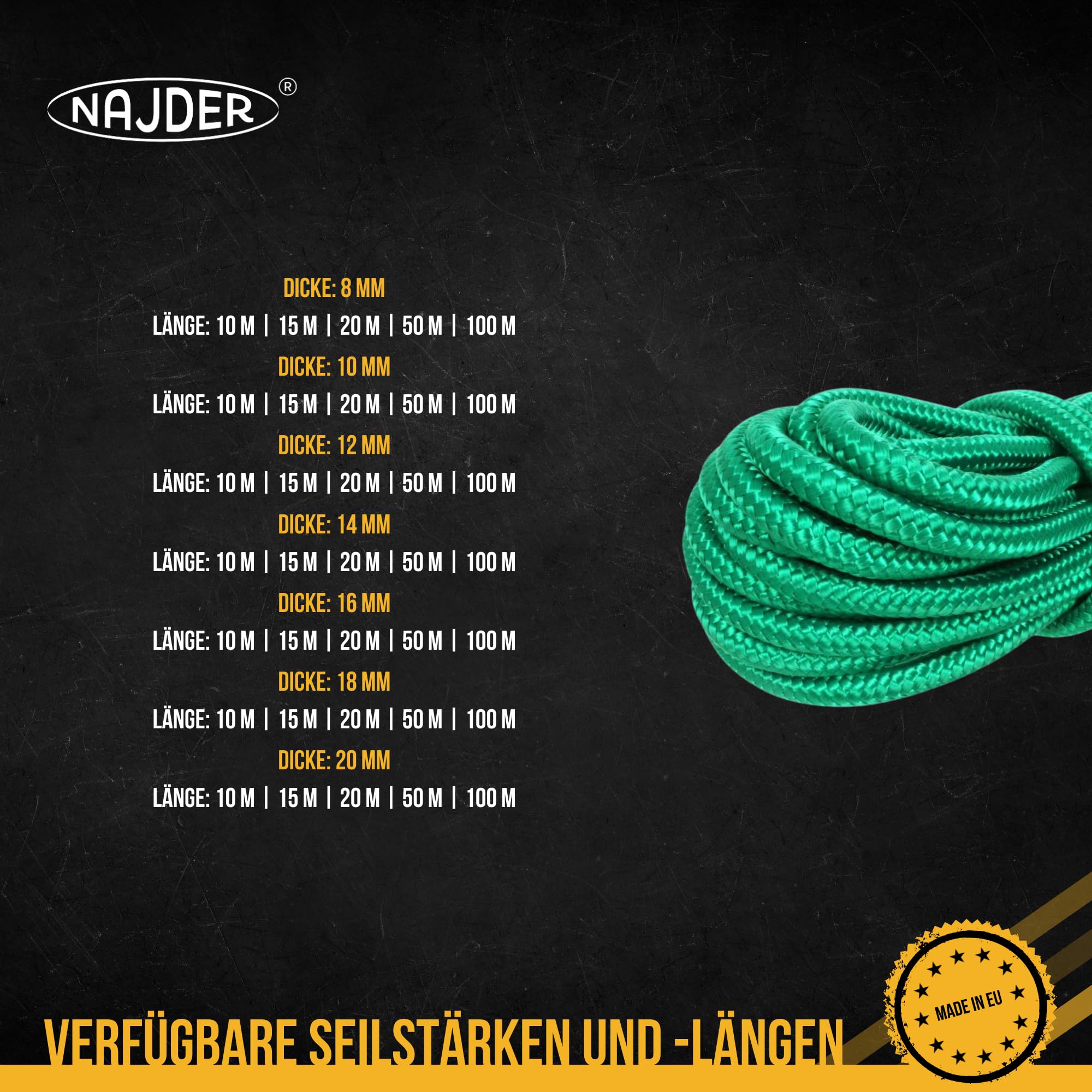 NAJDER - Polypropylen-Seil Textilseil Leine Schnur - Geflochtenes Seil Flechtleine mit Traglast bis 12400 N - Polypropylenseil 10 mm in Grün - 50 Meter