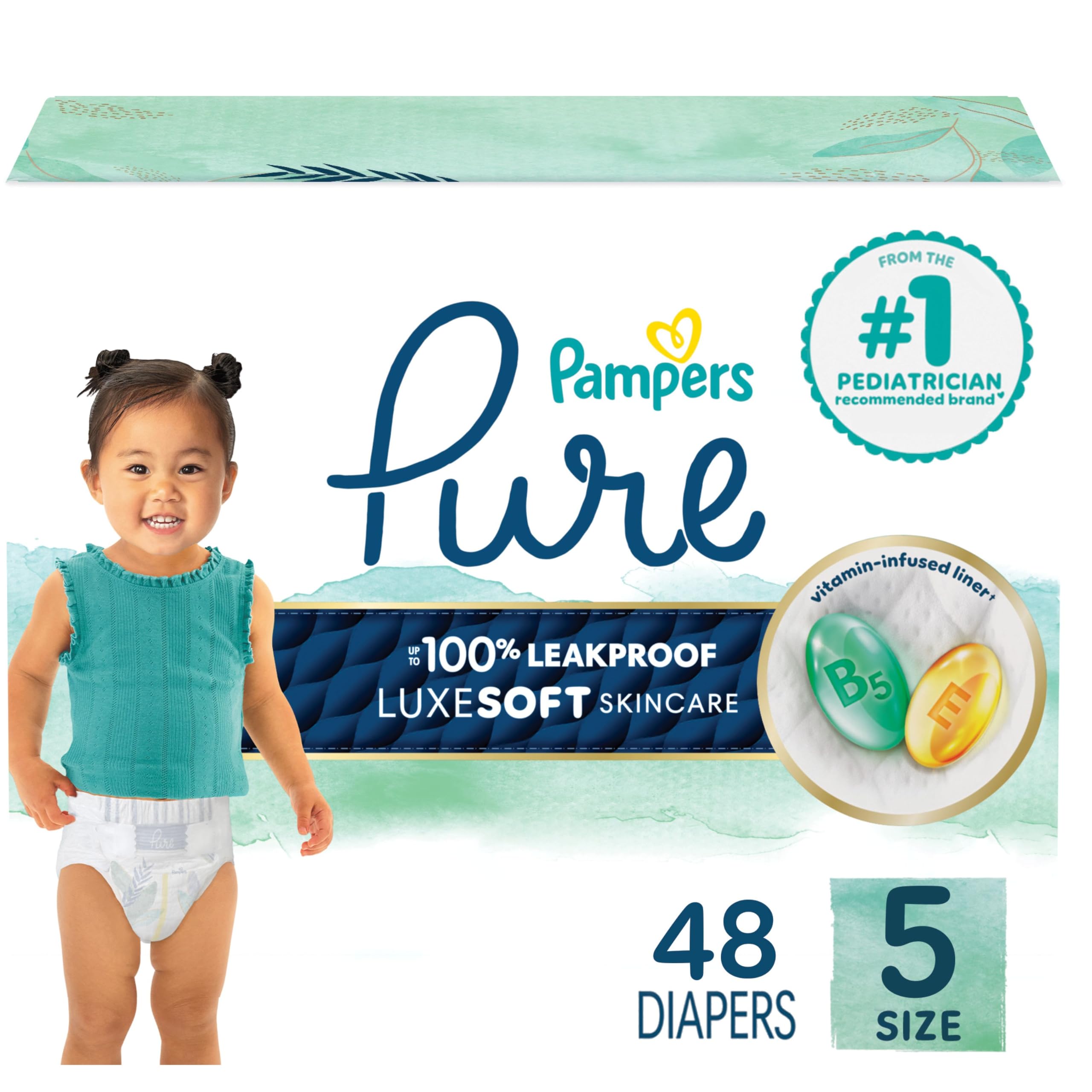 Pampers Pure Baby Diapers, Size 5 (27+ lbs), 48