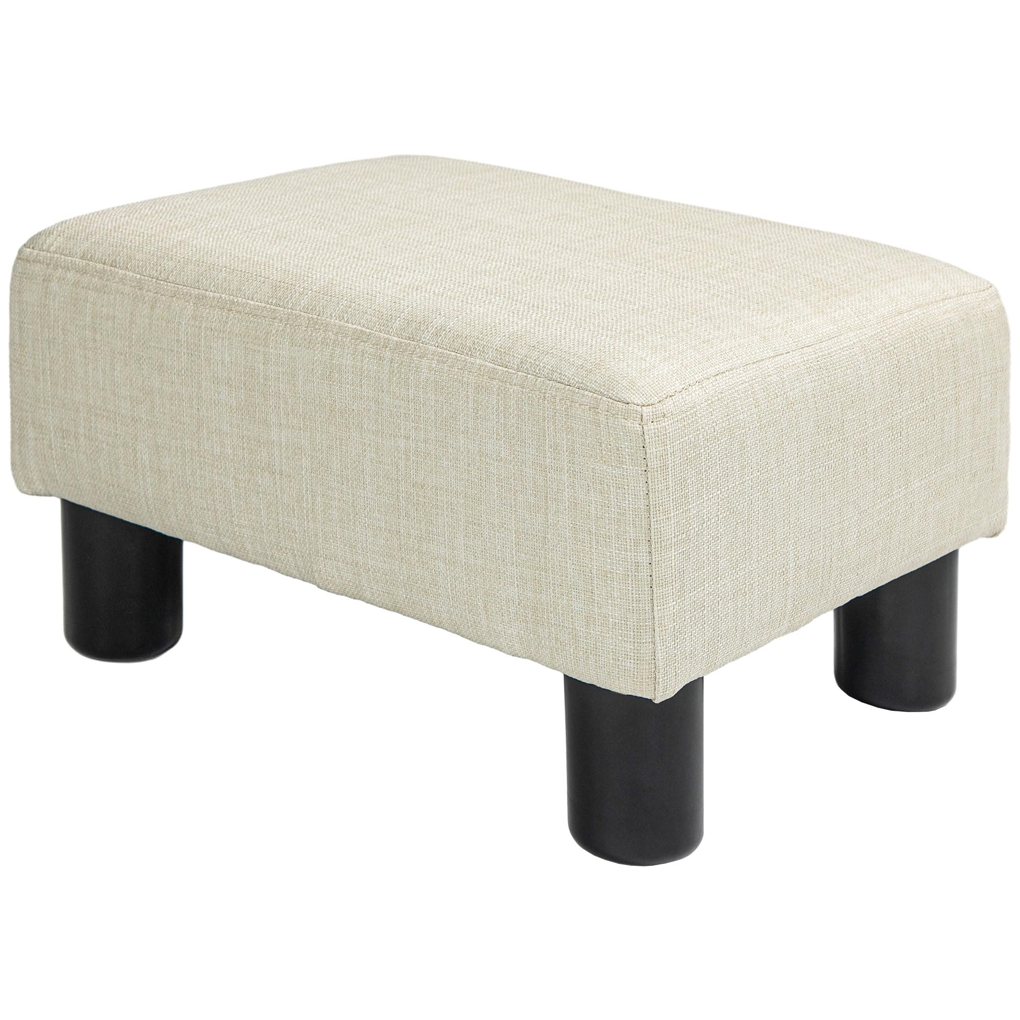 HOMCOM Ottoman Foot Rest, Small Foot Stool with Linen Fabric Upholstery and Plastic Legs, Cube Ottoman for Living Room, Beige
