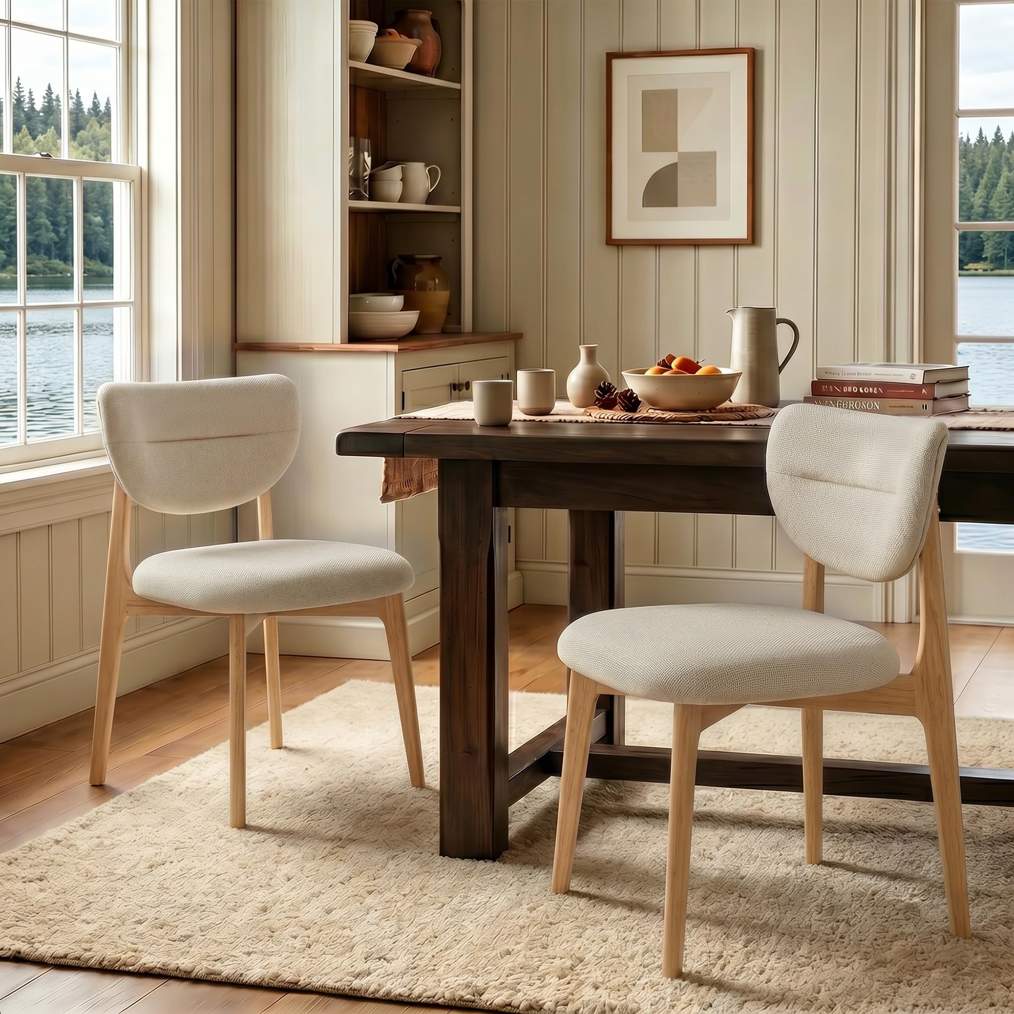 Silla de Comedor Tapizada de Madera,para Cocina, Dormitorio,Sala,Pack 2 | Estructura de madera maciza, Cojín de espuma de alta densidad, Diseño ergonómico antideslizante, Carga 120kg nat_beige