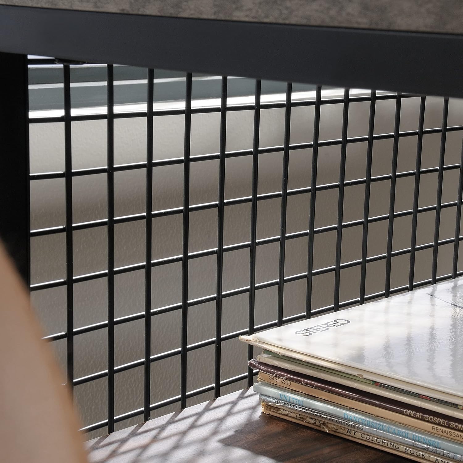 Gray and Walnut Industrial TV Stand with Cabinet for 60" TVs