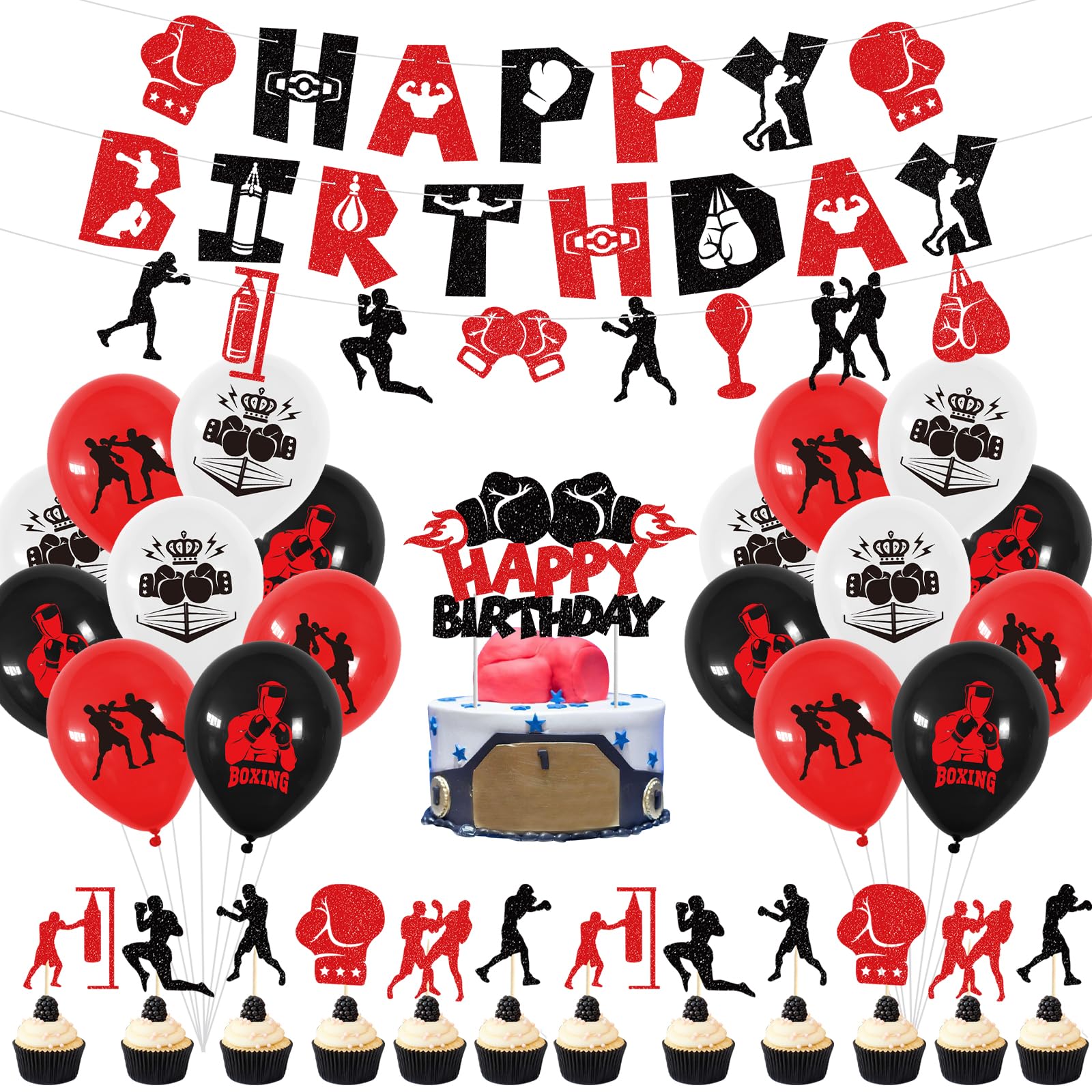 KEFAN Boxing Birthday Party Decorations, Boxing Birthday Banner Cake Topper Balloons, Fight Sports Wrestling Party Supplies Boxer Boxing Match Theme Party Supplies