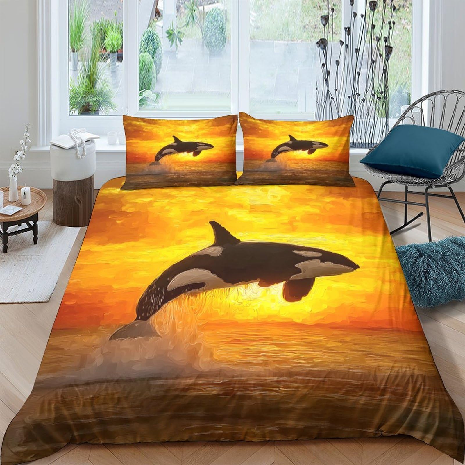 Ctjqhvkz Style-8 3D Printed Sunset Ocean Fitted Sheet Microfiber Soft Breathable Orca Mattress Cover For Bedroom Guest Room Decor Single（135X200cm）