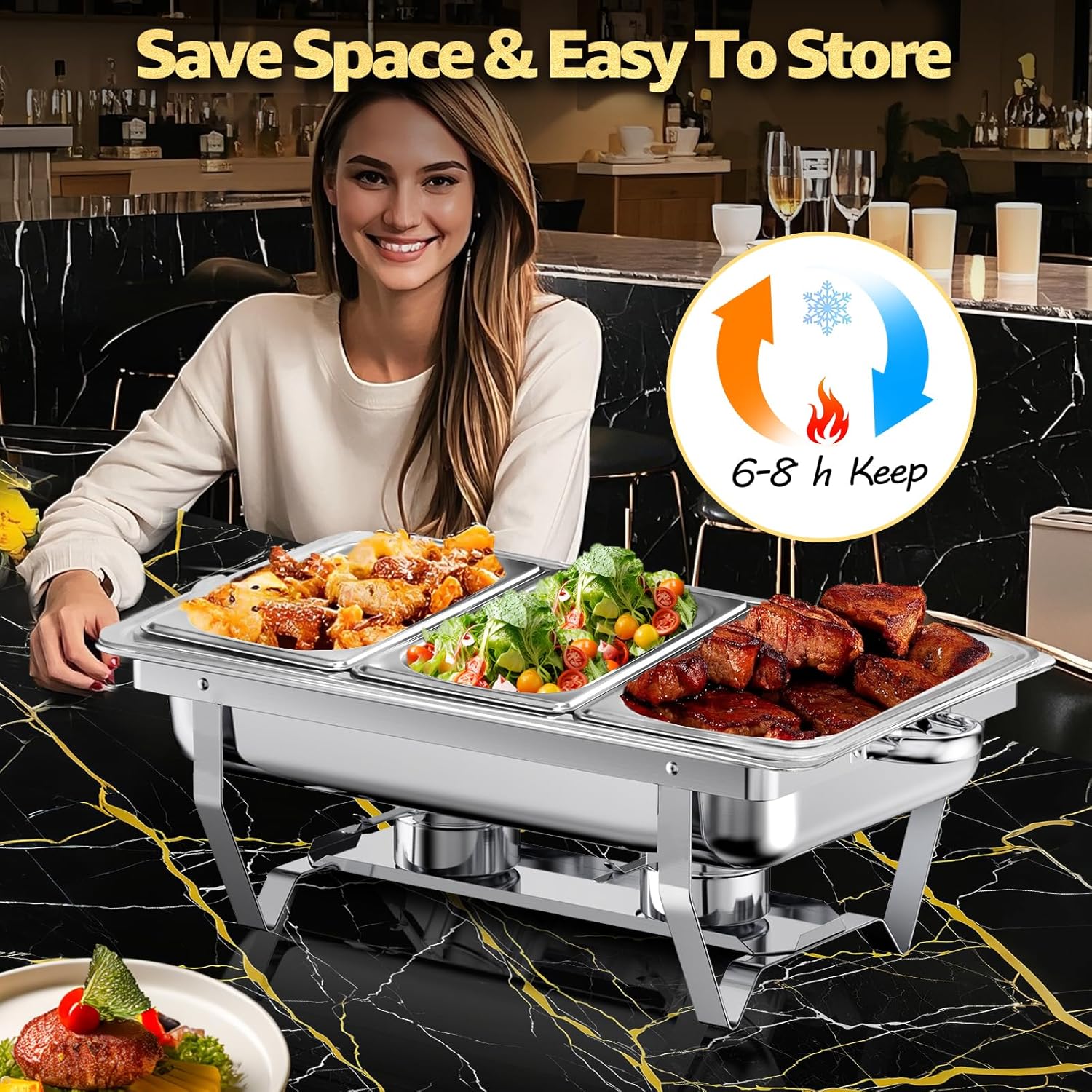 Chafing Dish Buffet Set 2 Pack, 9QT Buffet Servers and Warmers Set with Lid & Foldable Frame, Rectangular Stainless Steel Chafer Food Warmer for Parties Wedding Catering Supplies