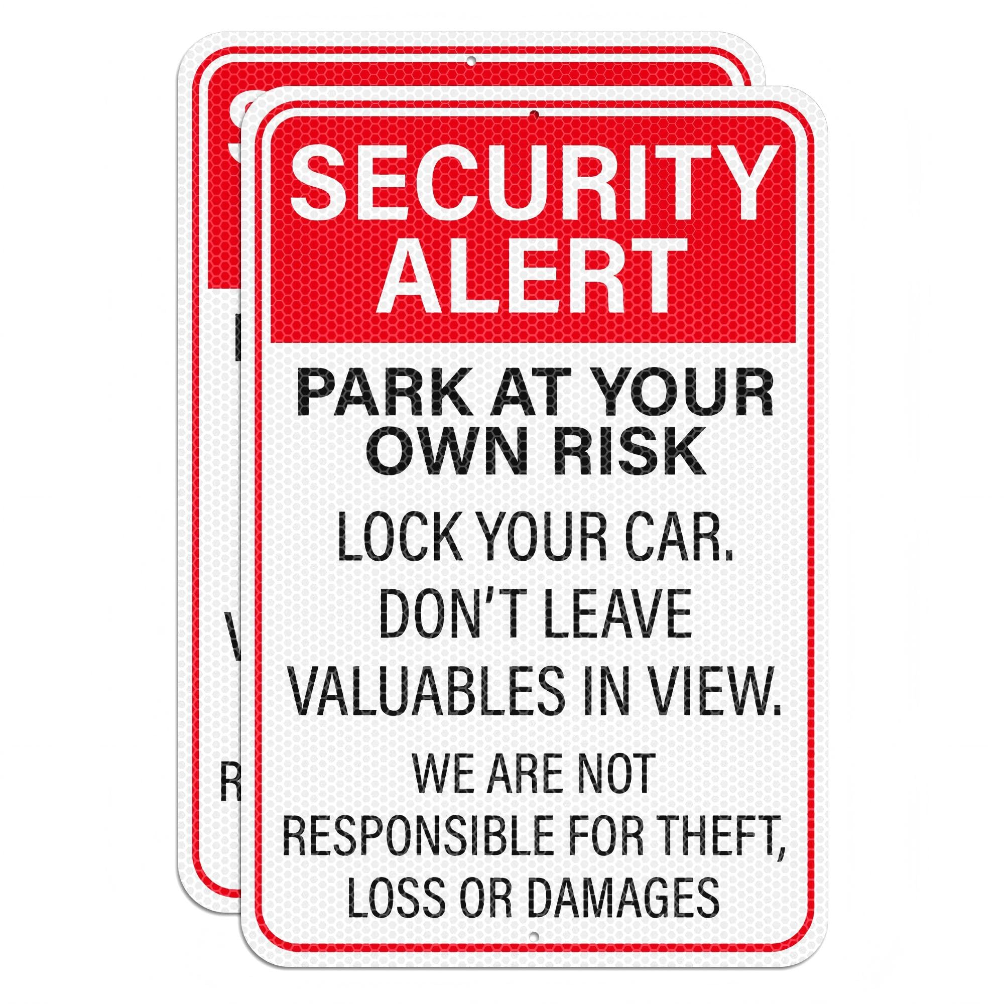 (2-Pack) Metal Tin Sign Security Alert Park At Your Own Risk Sign 8x12 Inch Inch Rust Free Not Responsible for Theft or Damage to Vehicle Weatherproof Reflective Reminder for Company Parking Lot