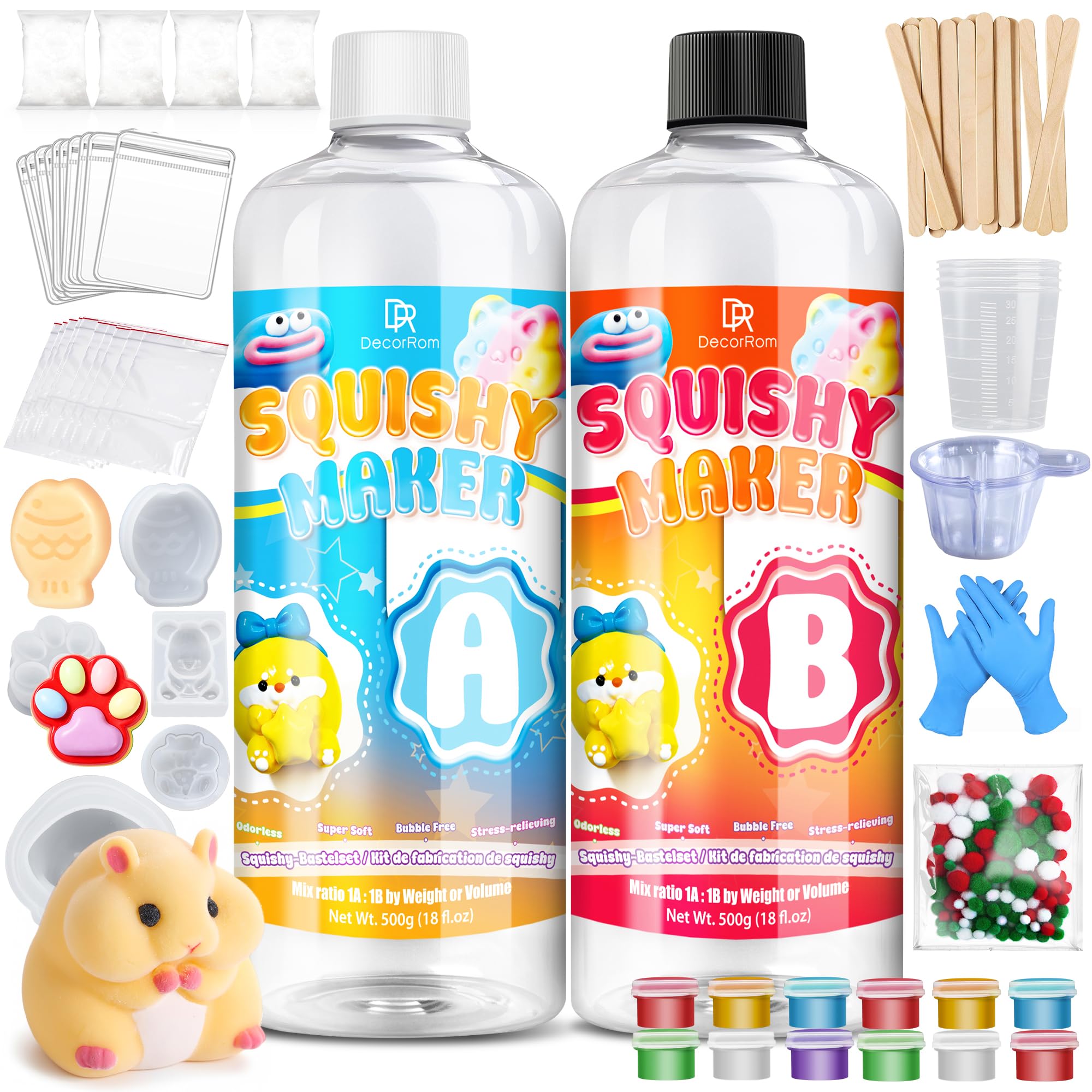 Liquid Silicone for Taba Squishy Kit, 1000g 1:1 AB Ratio Mixed Super Soft Fast Cure for Squishy Maker, Squishy Rubber for Cat Paw & Hamster Molding with Flocking Powder, Pom Poms Decompression Craft