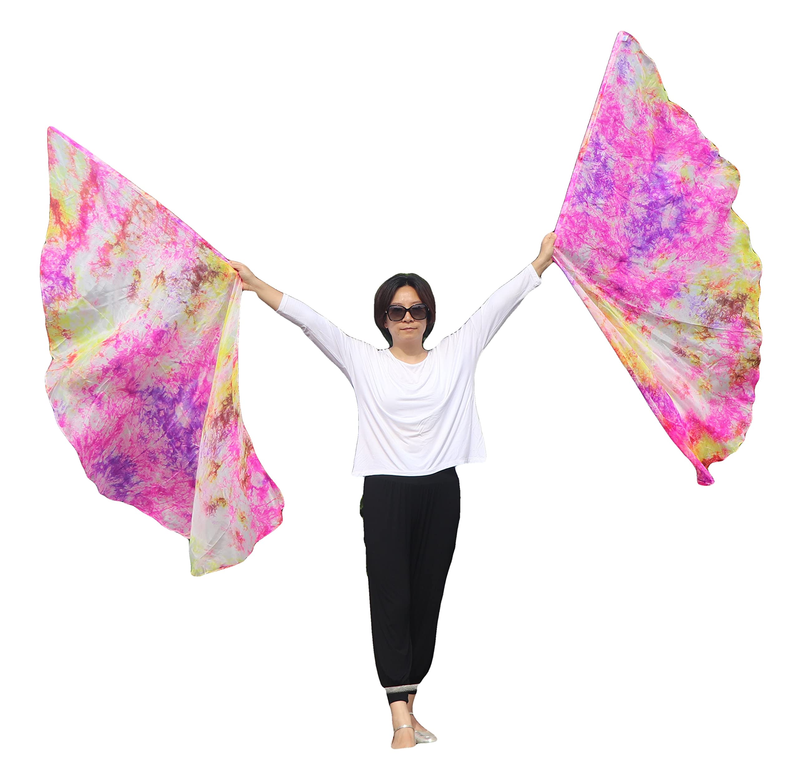 Winged Sirenny Pair 180cm Silk Dance Angel Wings, Lightweight Flow Props for Belly Dance Performances & Events, 70”Half Circle Sheer Silk with Portable Flexible Pole (Peony) — image 1