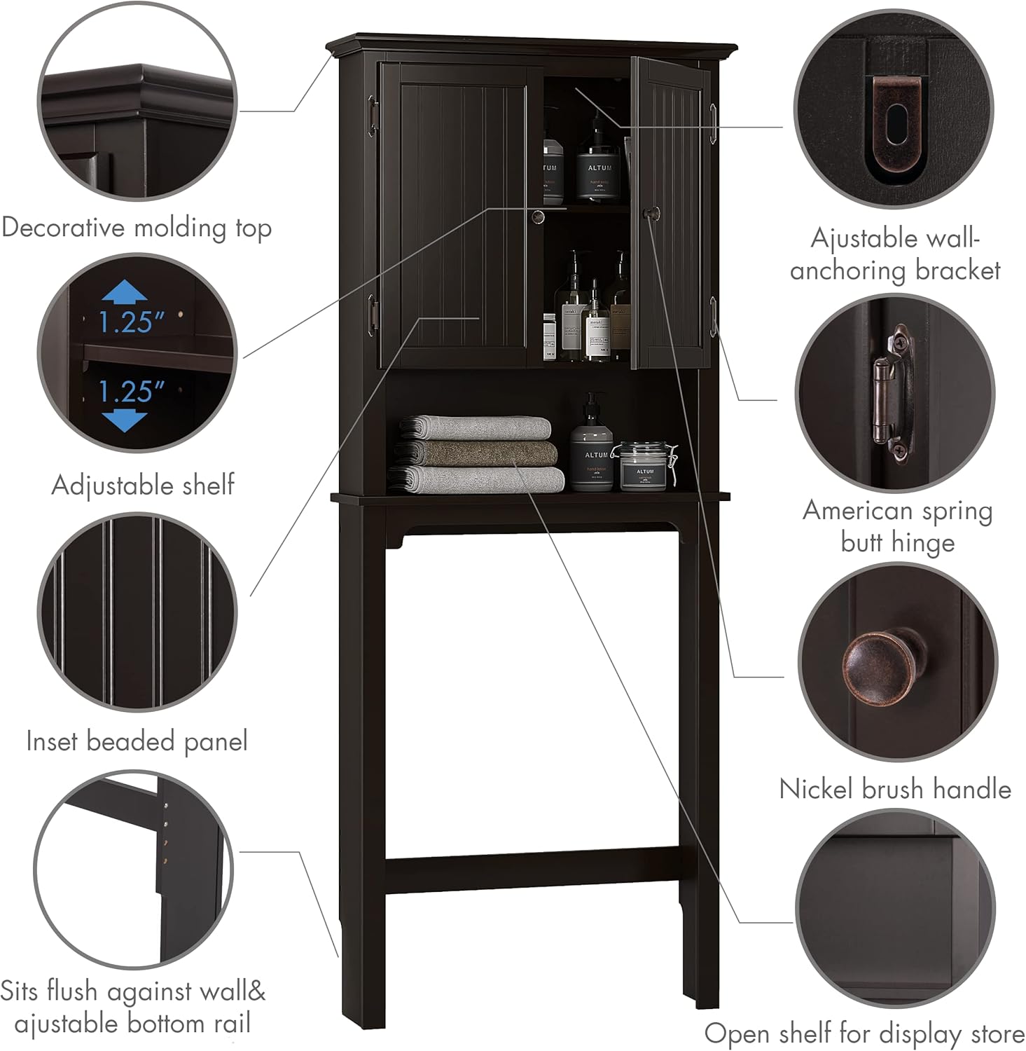 UTEX Bathroom Storage Over The Toilet, Above Toilet Storage Cabinet Organizer with Adjustable Shelves and Double Doors, Espresso