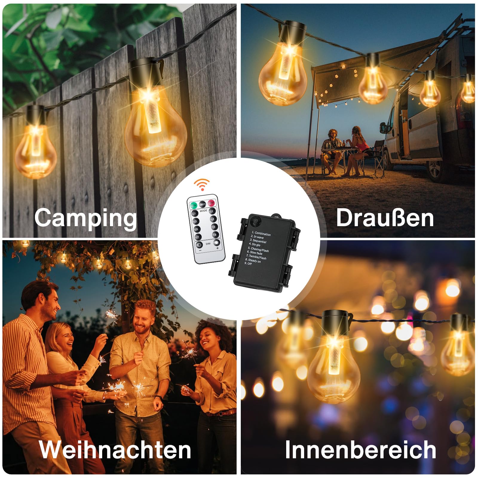 Outdoor Lichterkette Außen Batterie Timer 9M 12 Birnen A60 LED Fernbedienung Lichterkette mit 8 Modi IP64 Lichterketten für Innen Weihnachten Fenster Treppen Gärten Pavillons Hochzeiten