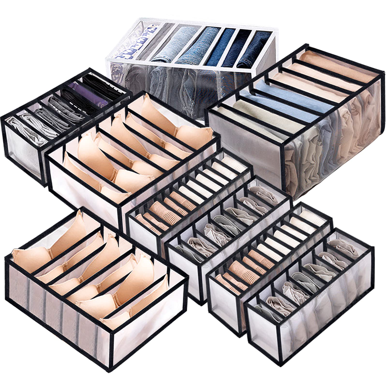 ULENDIS 9 Pack Washable Wardrobe Clothes Organizer, Foldable Clothes Organizer for Folded Clothes Includes 6/7/11 Grids, Closet Compartments Storage Box for T-shirts Jeans Socks Bras Lingerie