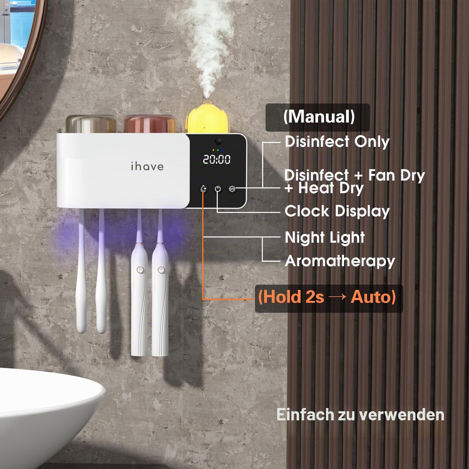 iHave UV Zahnbürstenhalter mit Aroma Diffuser, Sterilisator, 2 Becher