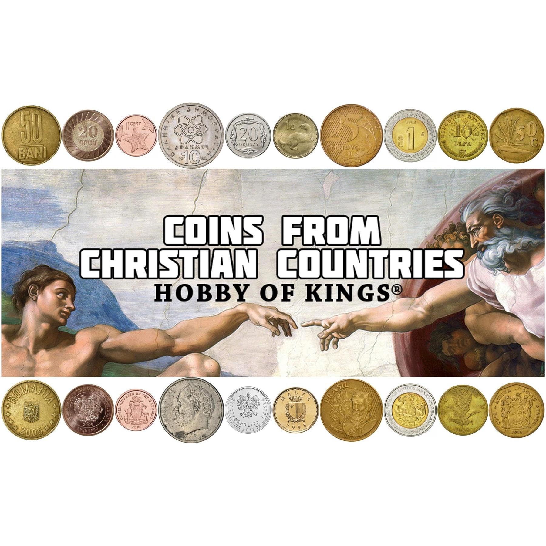 Christian Country Coin Set, 10 Circulated Coins from Religious Countries, Historic Leaders And Cultural Designs