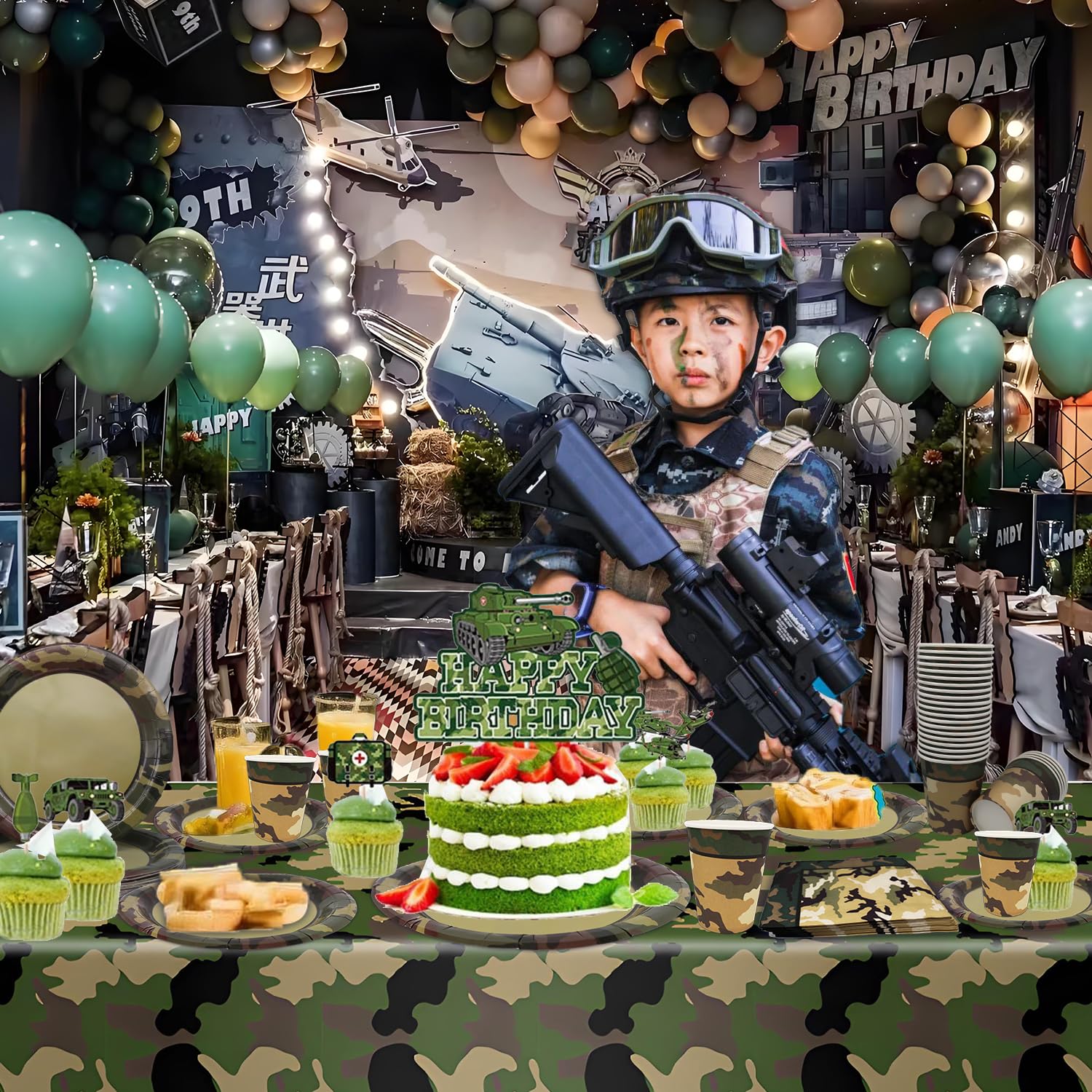 Set di stoviglie mimetiche per feste da 24 ospiti, piatti piani, temi di compleanno dell'esercito, decorazione da tavolo, campeggio, feste all'aperto
