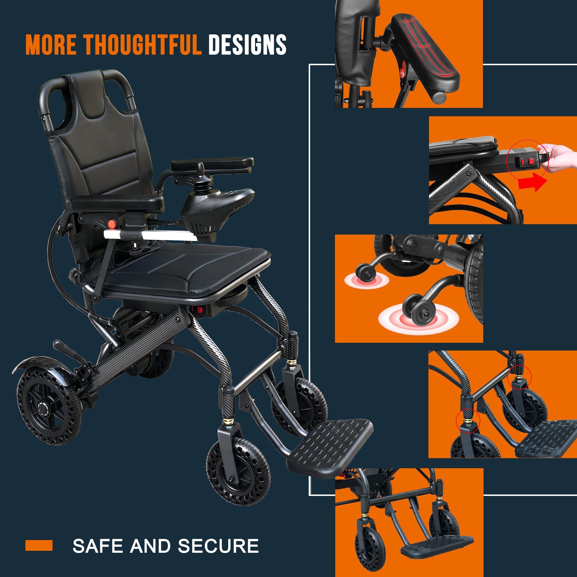 Silla de ruedas eléctrica de fibra de carbono de 19 kg, equipada con tres opciones de batería (6 Ah/10 Ah/20 Ah), compatible con viajes en avión, dos baterías(6AH)