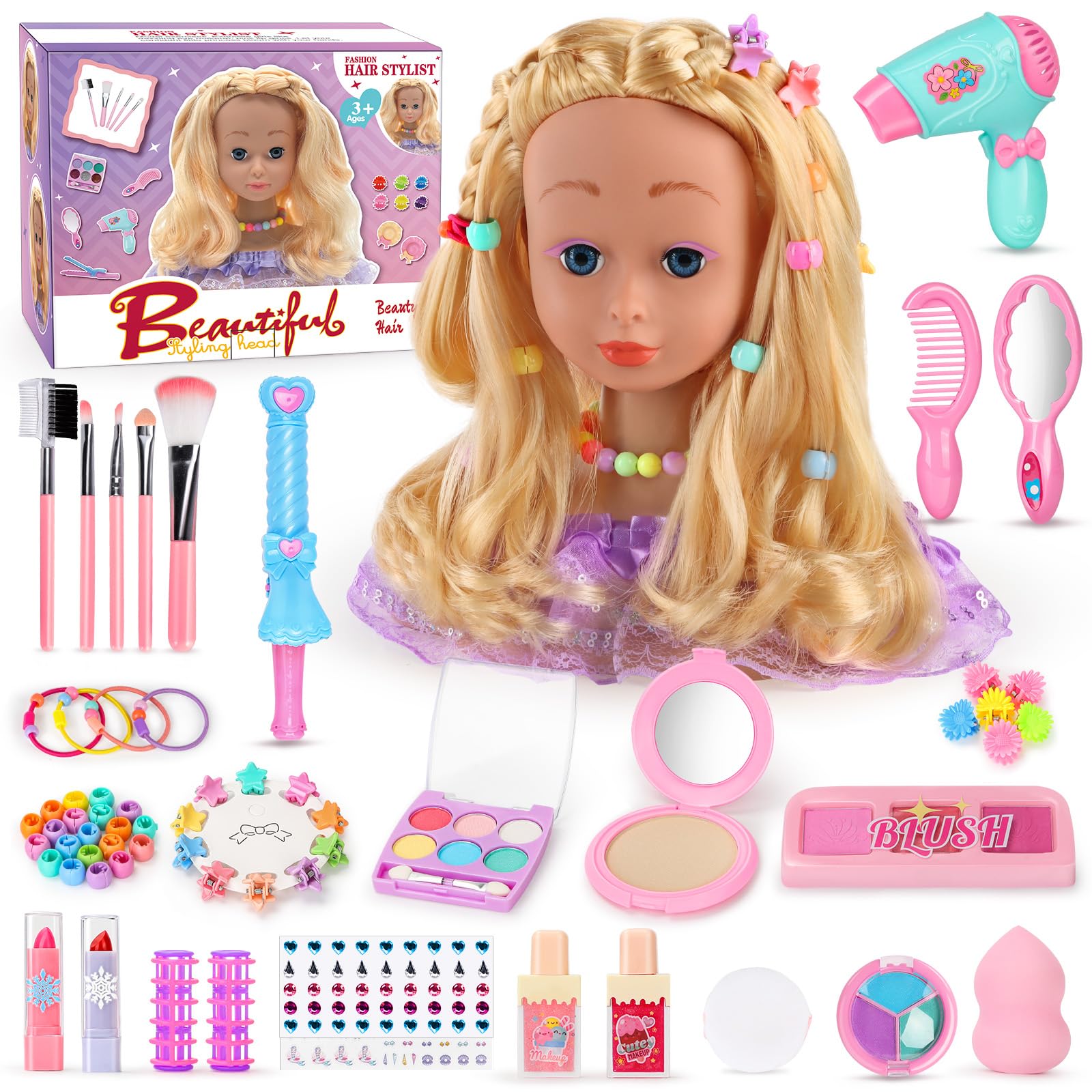 Testa Bambola da Truccare e Pettinare, 66 Pezzi Testa da Pettinare Bambina, Bambola da Truccare Regalo di Compleanno, Natale per Bambini a Partire Dai 3 Anni (Viola)