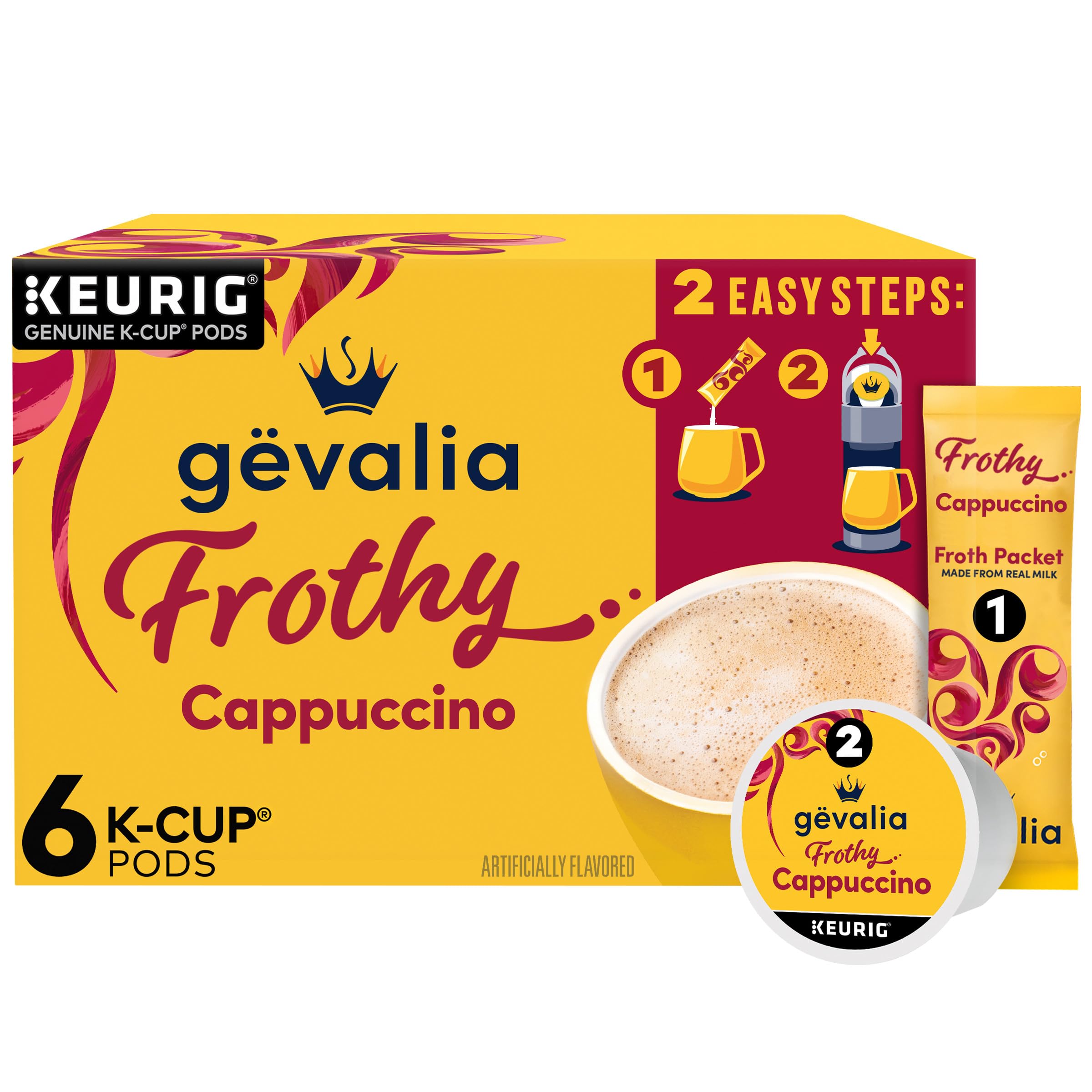 Frothy 2-Step Artificially Flavored Cappuccino Espresso Style K‐Cup Coffee Pods & Froth Packets Kit, 6 ct. Box