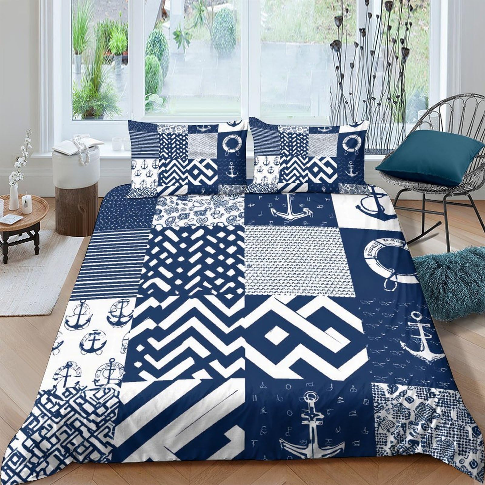Ctjqhvkz Style-7 3D Printed Nautical Patchwork Fitted Sheet Microfiber Soft Navy Blue Anchor Bed Cover For Bedroom Guest Room Decor Single（135X200cm）