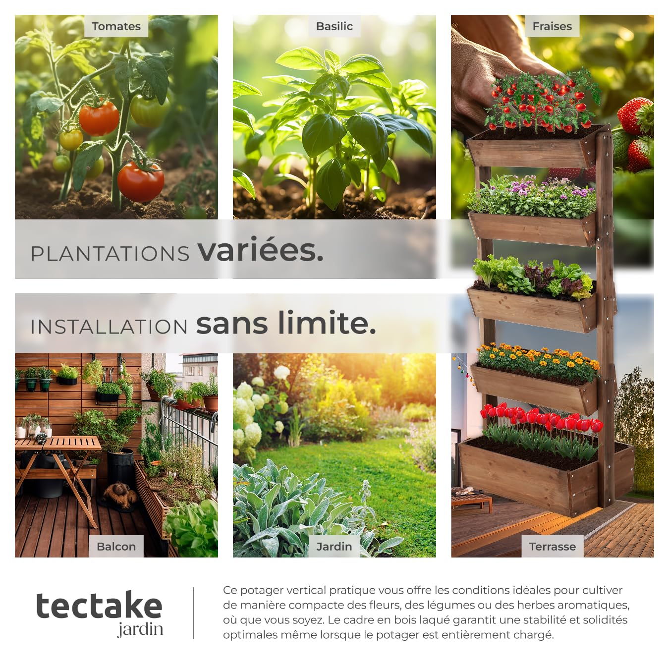 tectake® Jardinière Verticale, 81 x 52 x 180 cm 5 Niveaux, Système de Drainage et Toile de paillage, Jardiniere Haute Potager surélevé Pots de Fleurs Plantes aromatiques, Balcon Terrasse, Marron