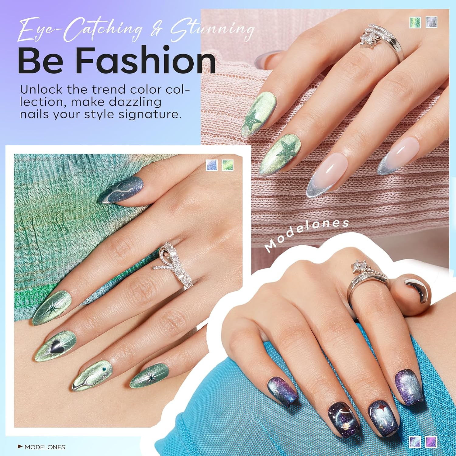 modelones Cat Eye Gel Nail Polish Set, 6 Colors Aurora Galaxy Pearlescent 9D Cateye Glitter Gel Polish kit Blue Green Purple Mermaid Nail Polish with Magnet Soak Off LED Nail Art Starter Kit DIY Gift