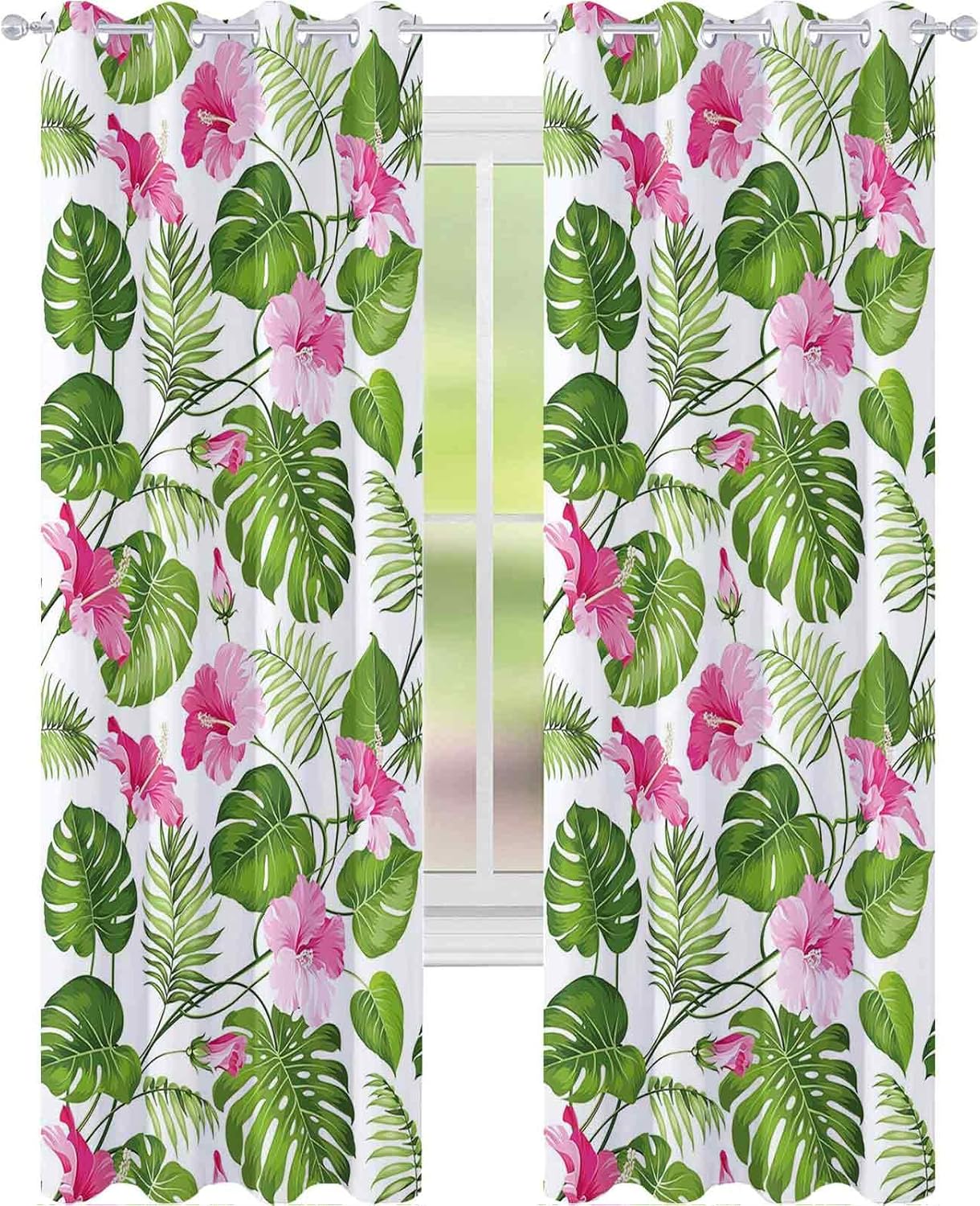 Cortinas opacas con aislamiento térmico, diseño de hibisco hawaiano, flor rosa con hojas de palmera, 108 x 84 pulgadas, cortinas para sala de estar, dormitorio, rosa claro y verde oscuro