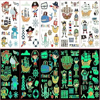10Sheets Pirate Accessories Kids Tattoos,Luminous Tattoos for Kids Party Bag Fillers,Glow in the Dark Temporary Tattoos Stickers for Boys Girls Pirate Party,Halloween Tattoos Dress Up Supplies