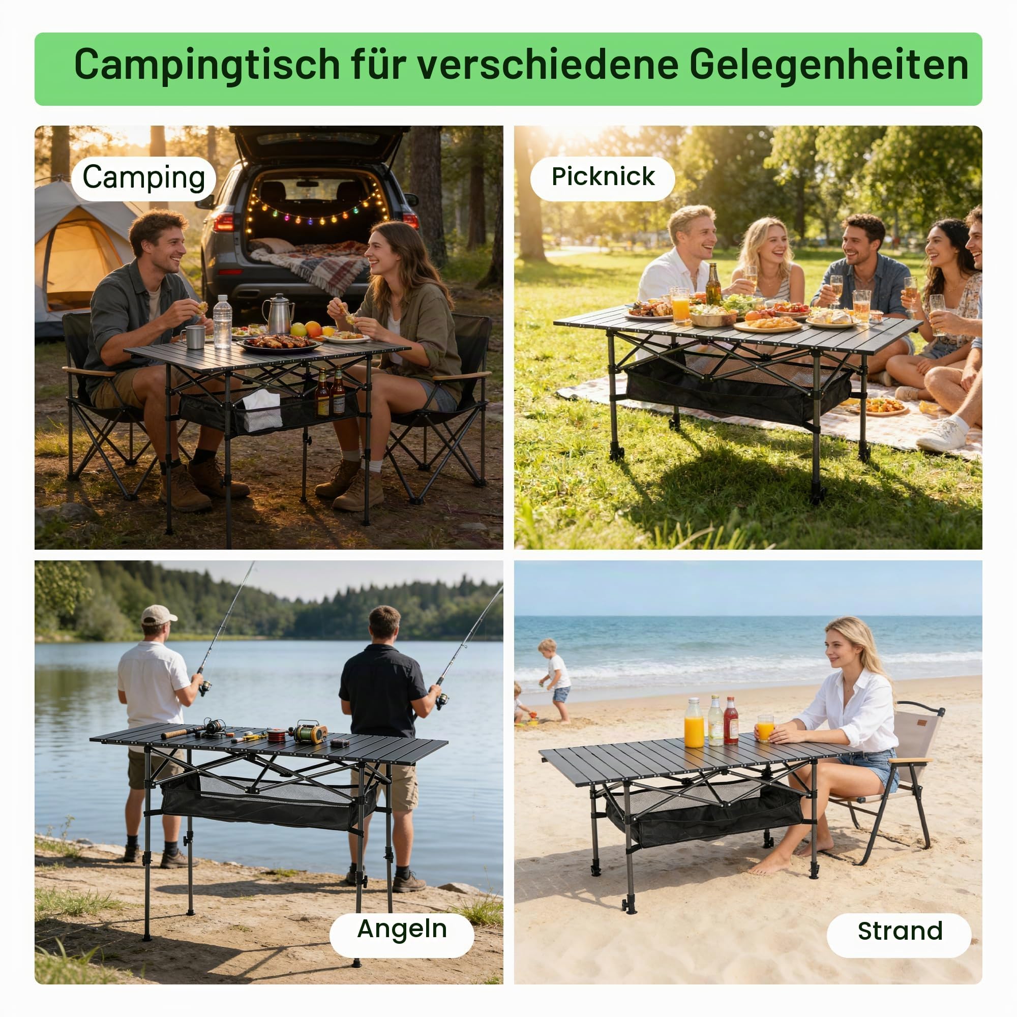 Großer Klapptisch Camping Höhenverstellbar, 120 x 55 cm Tragbarer Outdoor Picknicktisch mit Aufbewahrungsnetz & Tragetasche, Stabiler Rolltisch aus Carbonstahl für Camping, Grillen, Angeln