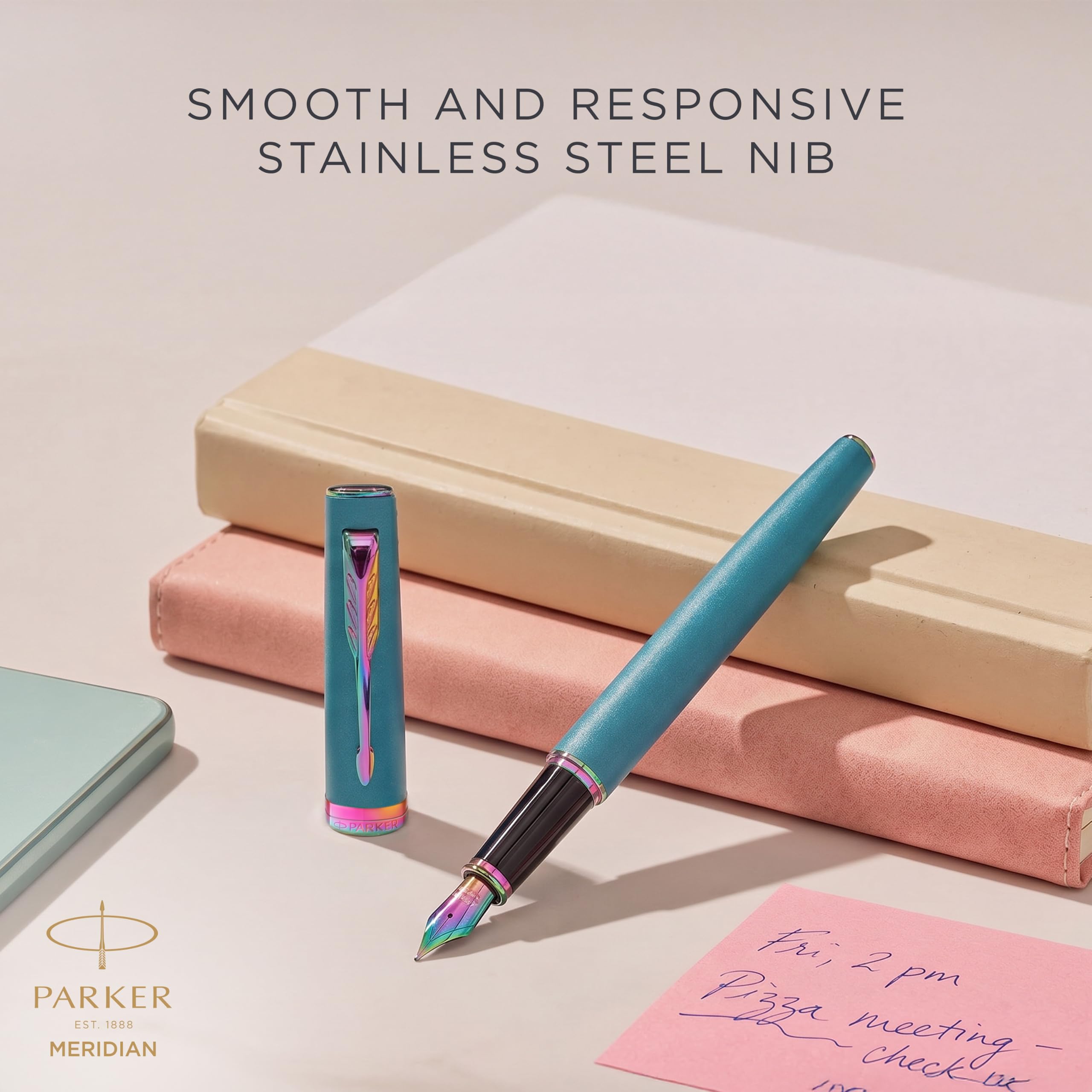 Parker Meridian Stylo plume | Laque turquoise avec bordures arc-en-ciel | Plume fine | Stylos pour l'écriture et Fournitures de papeterie | Encre bleue | Boîte cadeau de luxe