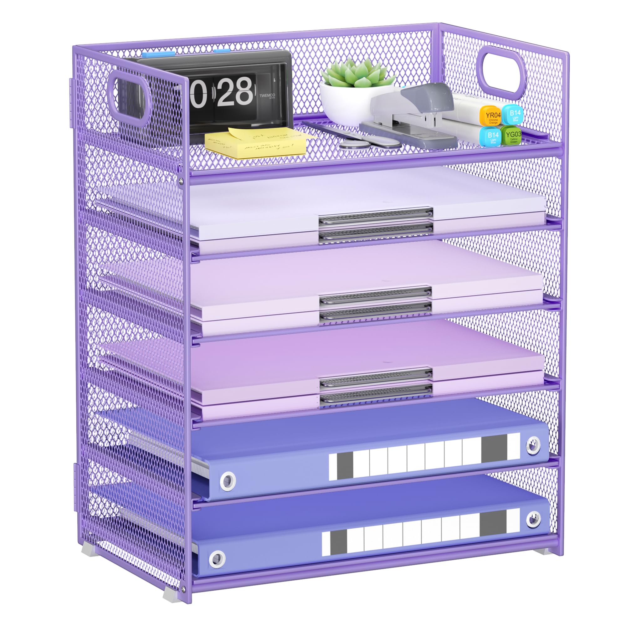 Kinkota Purple Paper Organizer for Desk with Handle, 6-Tier Metal Mesh File Organizer | Stackable Desktop Organizer for Office Supplies & Stationery