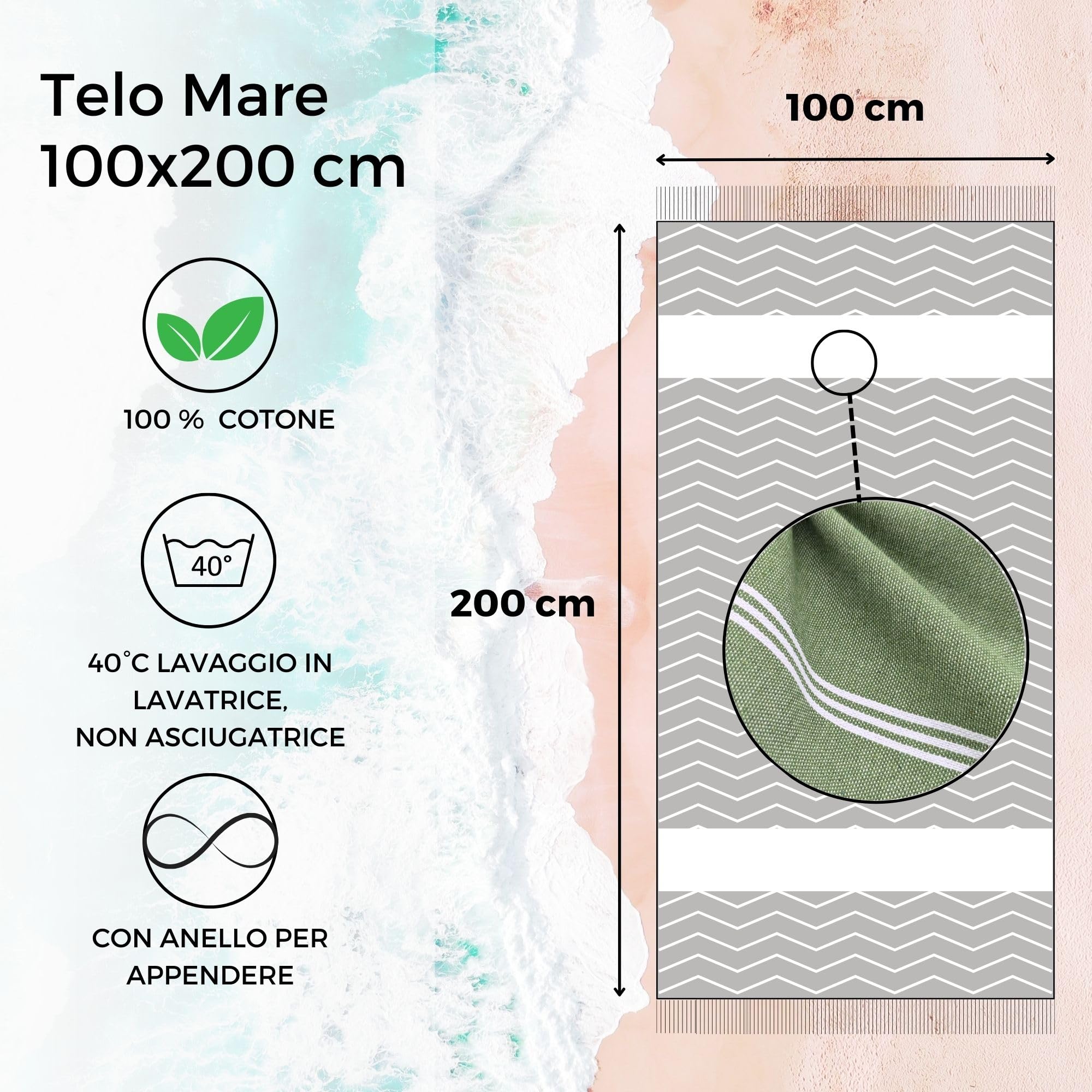 furora HOLIDAY Telo Mare Cotone - Grande 200x100 cm - Ultra Leggero - Asciugatura Rapida | Asciugamano Mare Donna e Uomo: Facile da Pulir - multifunzionale per Spiaggia, Piscina, Viaggio, Outdoor