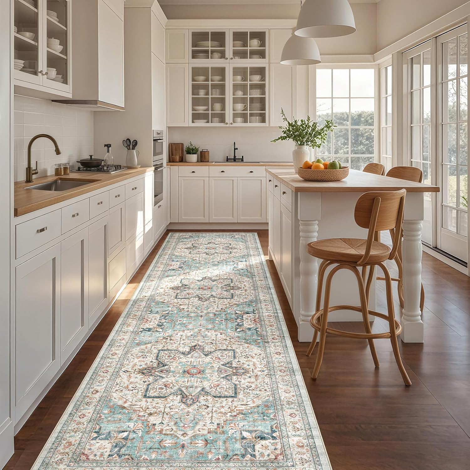 Tortania Area Rug 2x8 Runner Rugs - Washable Vintage Oriental Farmhouse Thin Indoor Carpet for Living Room Bedroom Hallway Entryway Kitchen Under Dining Table Home Office - Aqua Multi