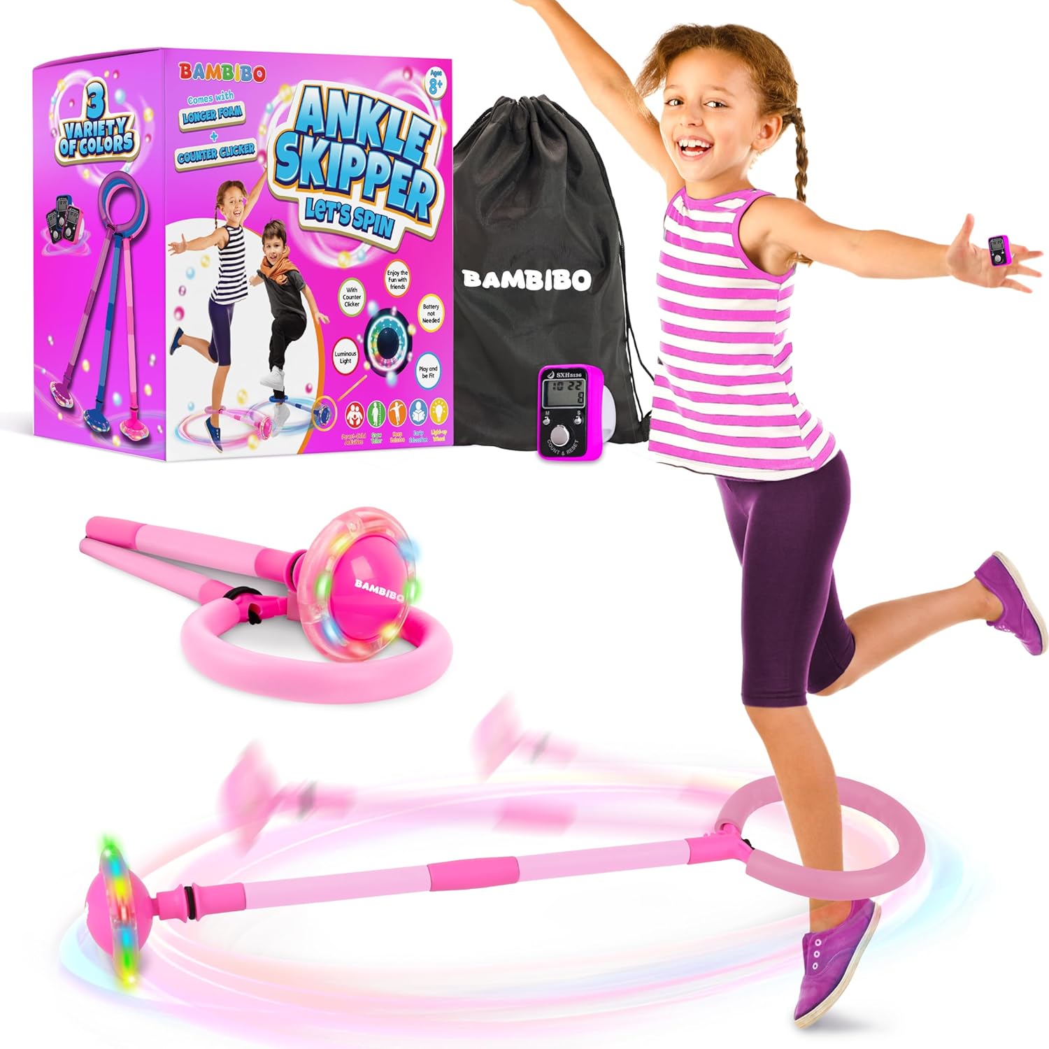 Skip It with Counter for Kids - Longer Foam Padding | Mesh Bag for Storage | Ankle Skip Ball for Kids | Foldable Colorful Flash Wheel | Gifts for Kids Age 5 6 7 8 9 10 Years Pinkish