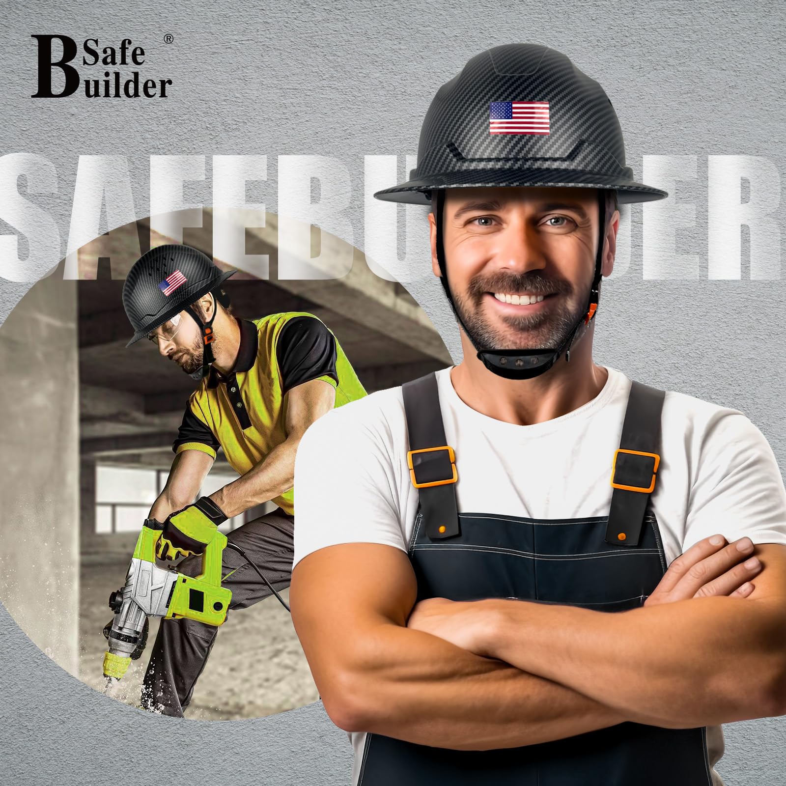 SAFEBUILDER SBD-G1C Casque de sécurité à bord complet en polyéthylène haute densité ventilé avec pare-soleil Motif fibre de carbone Travail industriel Certifié ANSI/ISEA Z89.1