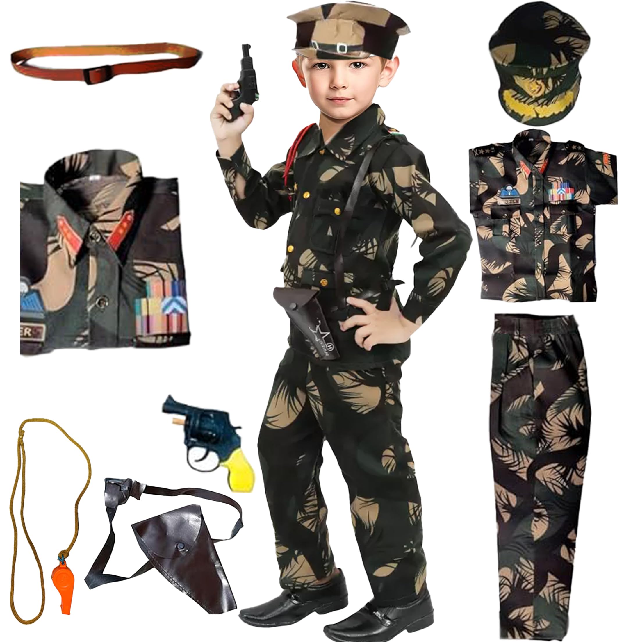 Fancy Steps PRINTED ARMY OR BSF DRESS WITH CAP WHISTEL ROPE GUN GUN COVER FOR FANCY DRESS COMPITITION OR REGULAR WEAR(Dress + Cap + Gun + Gun Cover+ Whistle with whistle Rope+belt) 7-8 Years (B0CVRT99F3) Amazon Price History, Amazon Price Tracker