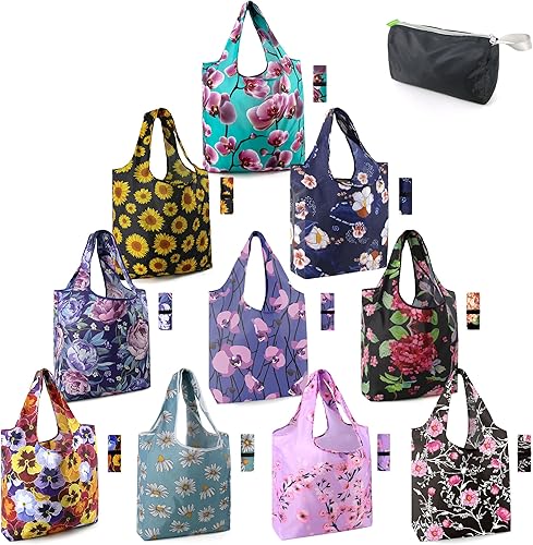 10 bolsas lavables, reutilizables,plegables y con estampados florales para compras, con bolsa de almacenamiento con cremallera, extra grandes, de 50