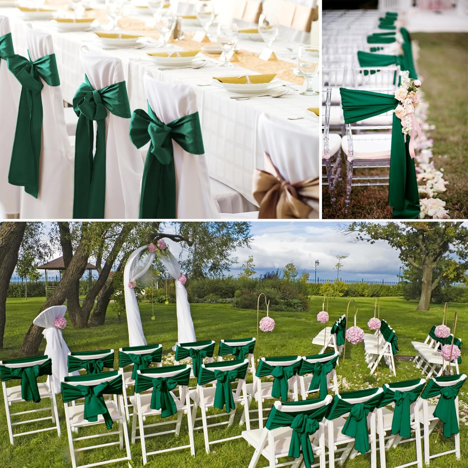 YMHPRIDE 60 PCS Emerald Green Satin Chair Sashes,Ties Bows Designed Chair Sashes for Wedding Party Baby Shower Banquet Restaurant Hotel Folding Chairs Decoration(Emerald Green,7x78 inch)