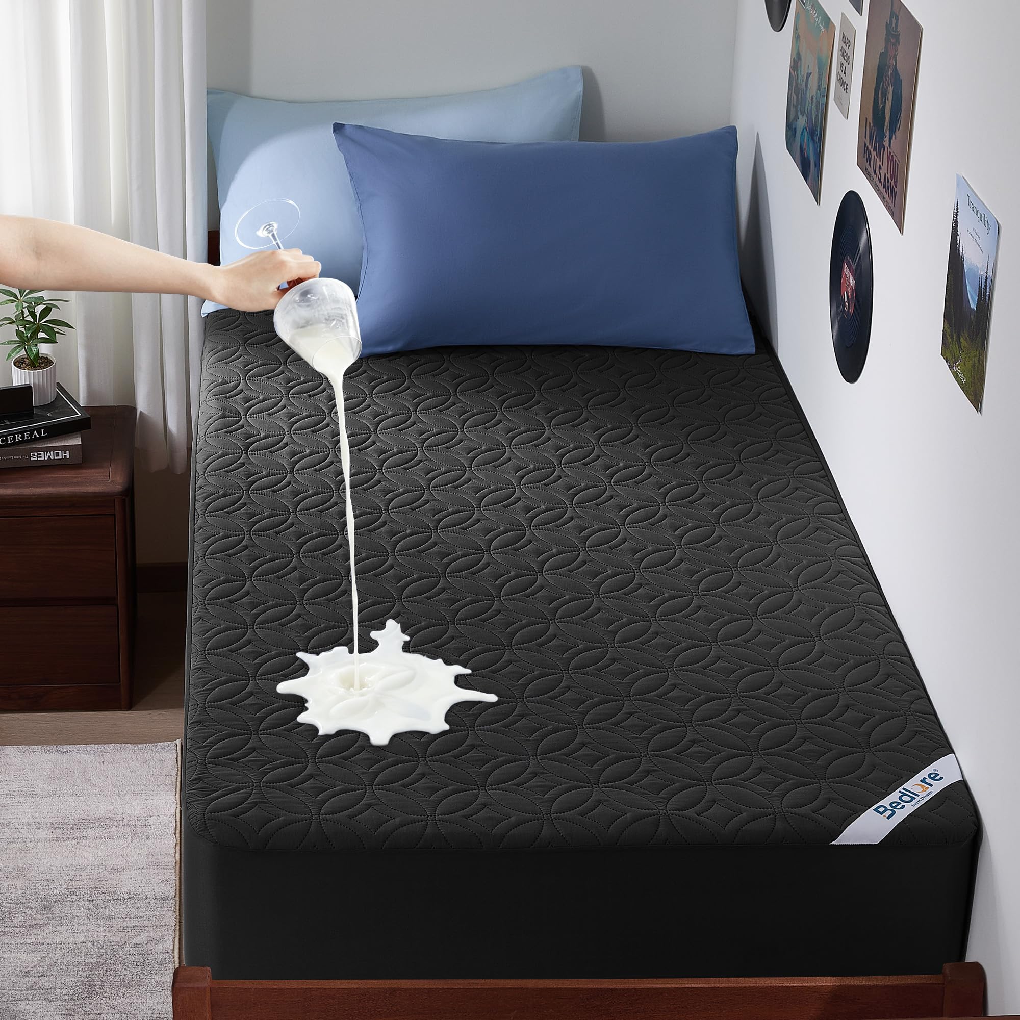 BEDLORE Waterproof Mattress Protector, Twin XL Size Mattress Pad | Deep Pockets Fit 6"-15" Mattresses, Soft Breathable Dirt-proof Bed Mattress Cover for Bedroom, College Dorm (Black)