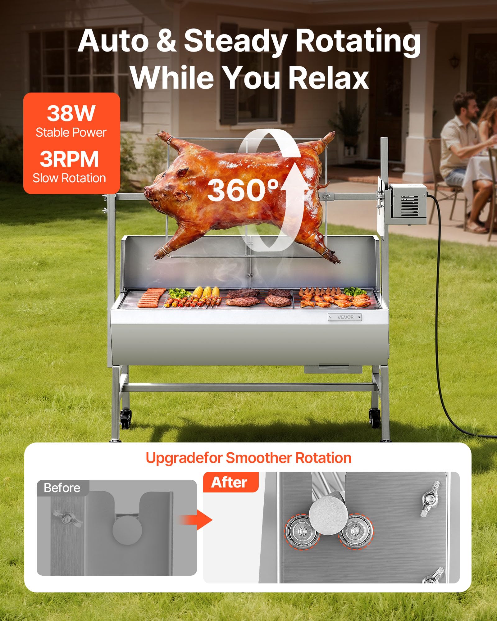 VEVOR Asador Giratorio Eléctrico 7 Niveles de Altura, Capacidad de Carga de 60 kg (37in, Modelo con deflector)