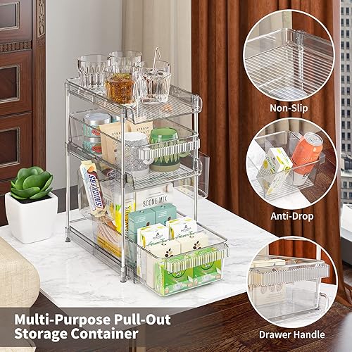 Miniatura 3 de Organizadores de baño transparentes de 3 niveles, organizador extraíble y almacenamiento con 2 tazas, contenedor de almacenamiento deslizante con 6
