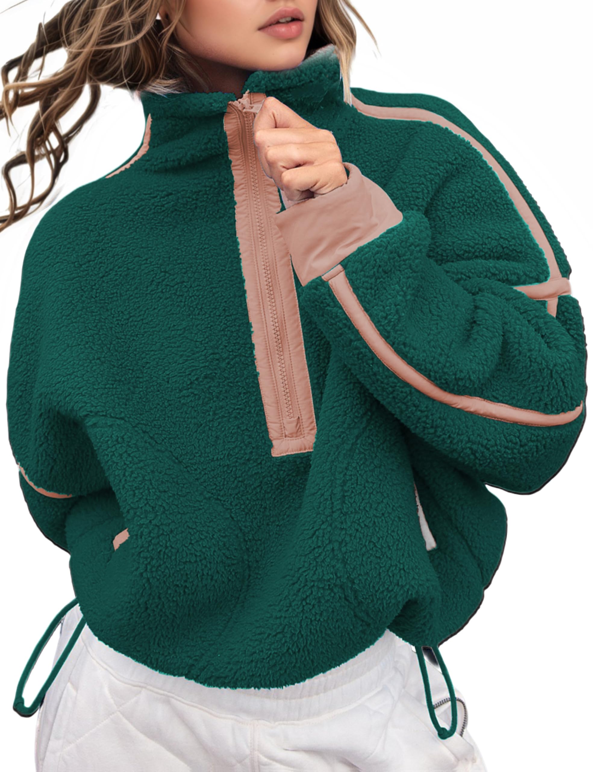 Womens Fleece Sweatshirts Half Zip Pullover Long Sleeve Oversized Workout Crop Tops Hoodie with Pocket