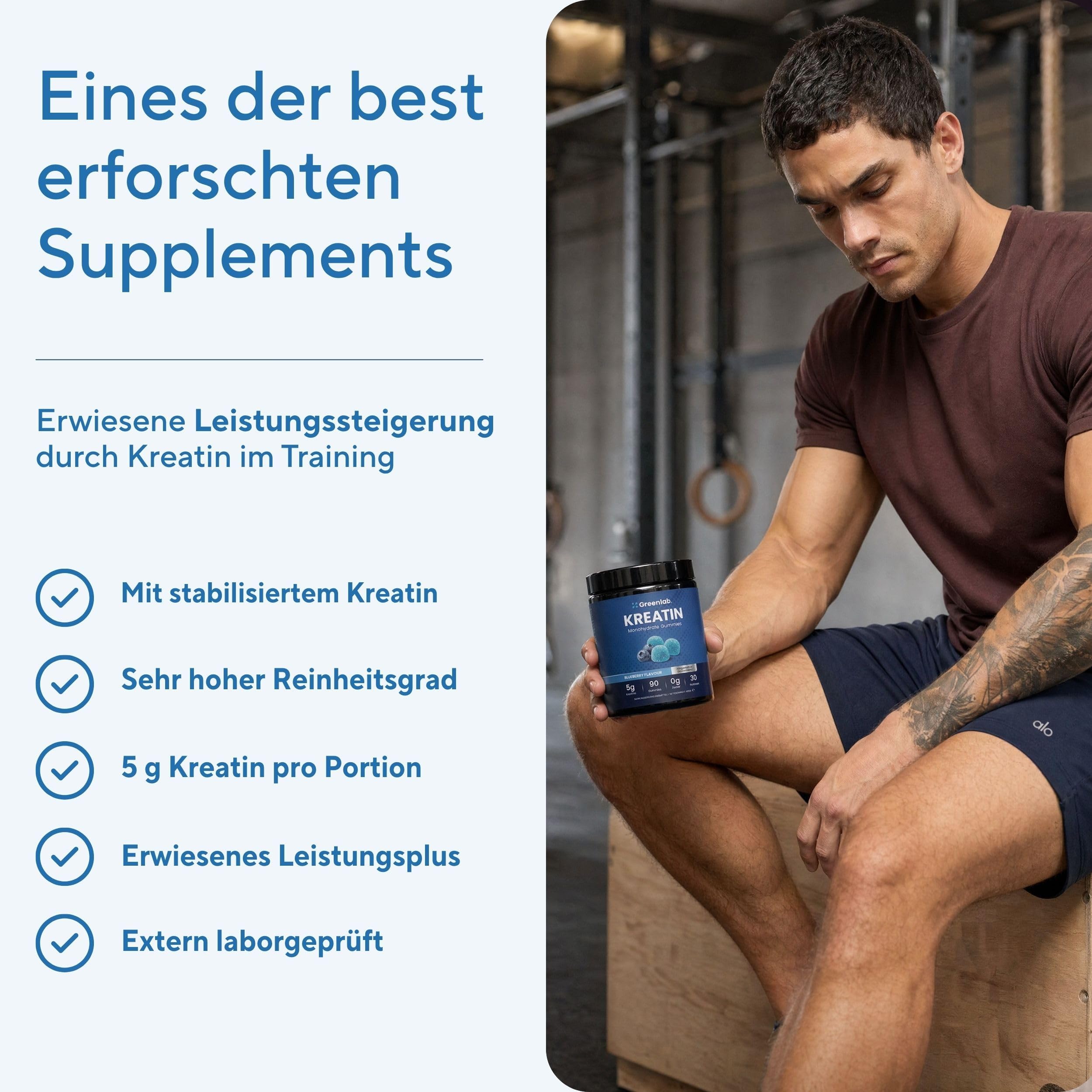NEU - Greenlab Kreatin Monohydrat Gummies für Männer & Frauen - 5,000mg pro Tagesdosis, 90 Gummies, Zuckerfrei, Vegan, Blueberry Geschmack, Made in Germany