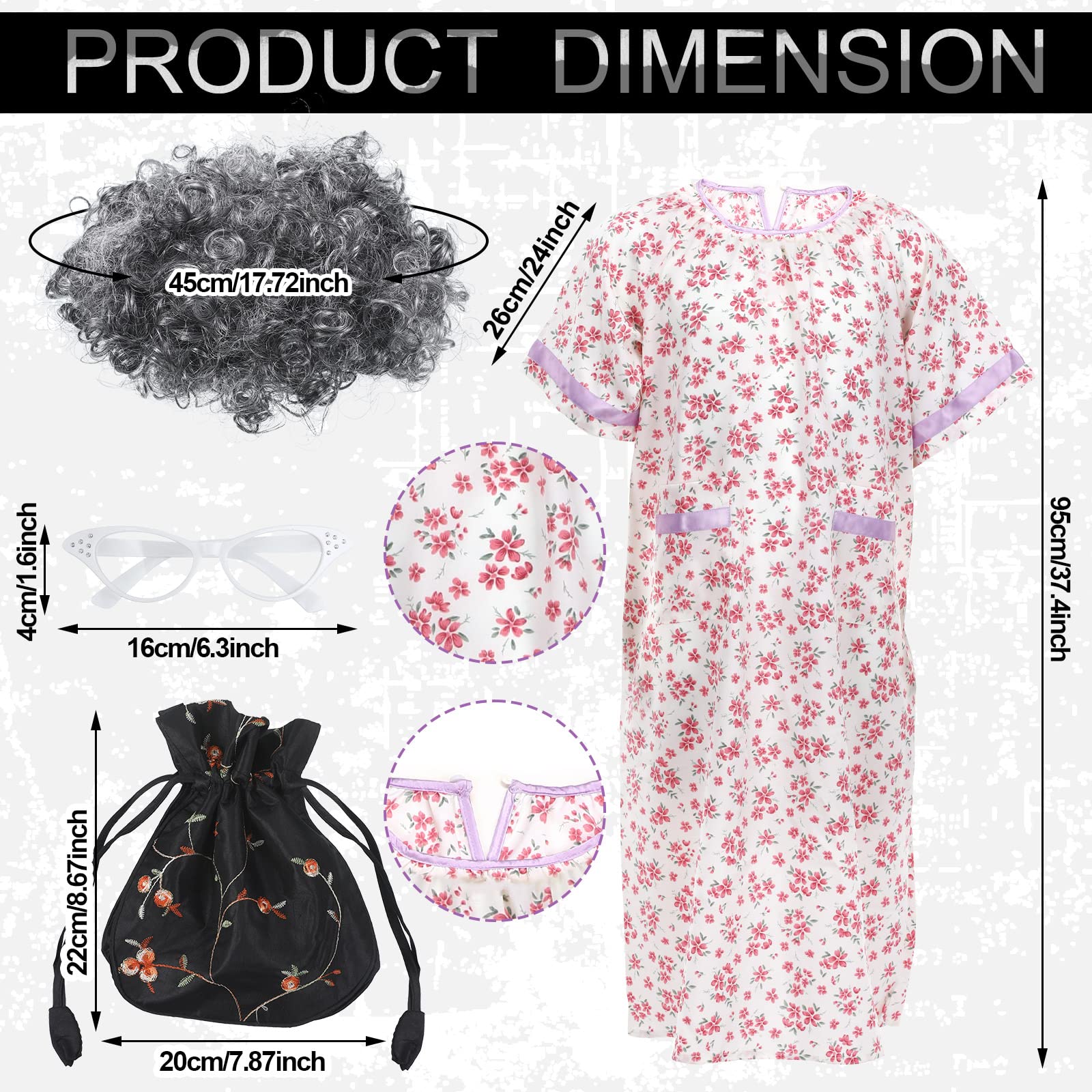 14 Pcs Kids Old Lady Costume Grandma Costume Accessories for Kids 100th Day of Old Lady School Cosplay Set (Pink Dress, L)