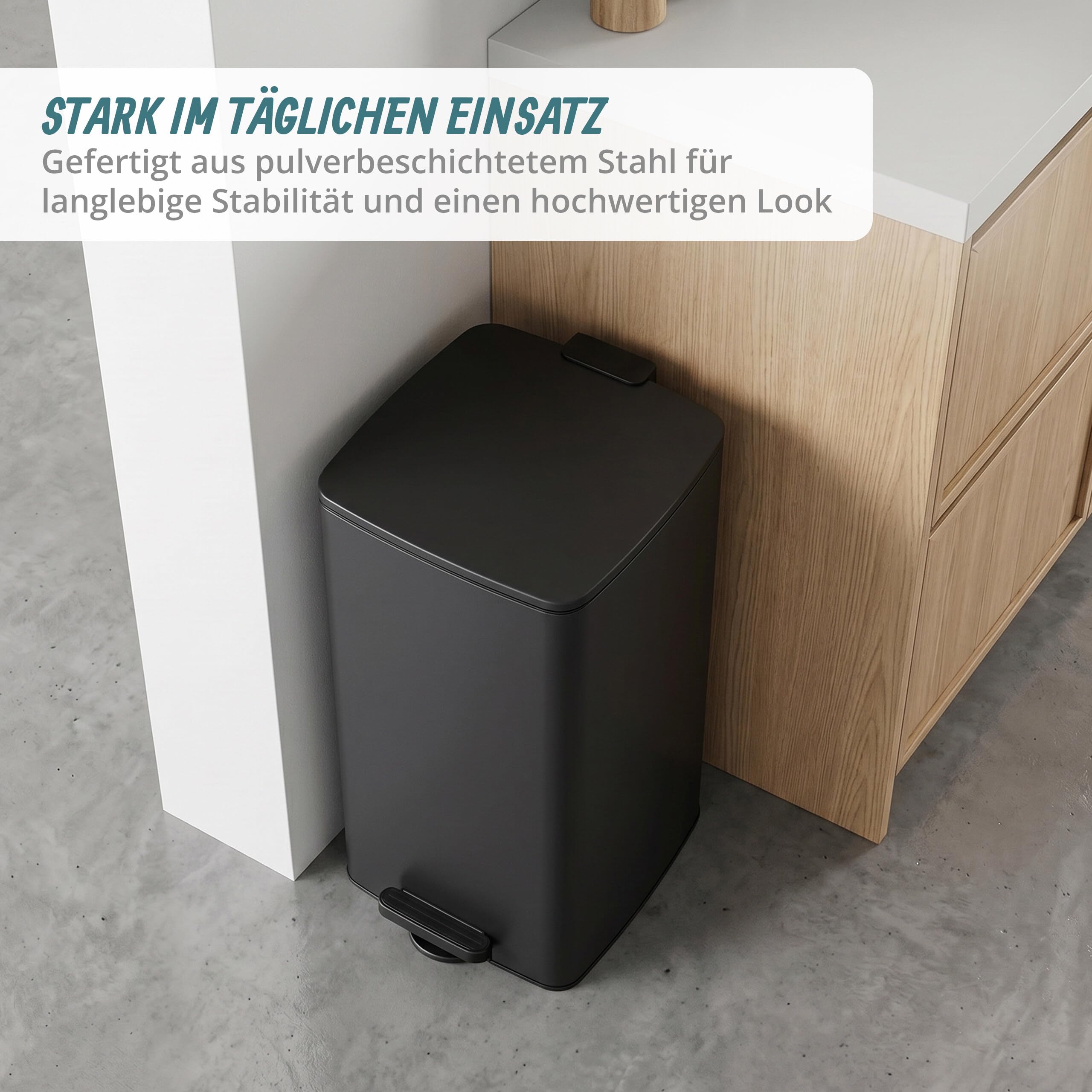 Relaxdays Mülleimer Küche, 30 Liter, Absenkautomatik, schwarz | entnehmbarer Inneneimer, mattes Metall, eckiger Treteimer