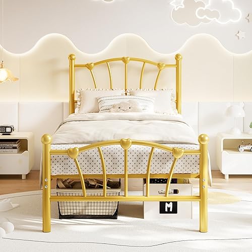 Miniatura 9 de GarveeHome Marco de cama de tamaño individual, marco de cama de metal en forma de corazón con cabecera y estribo, marco de cama de plataforma con