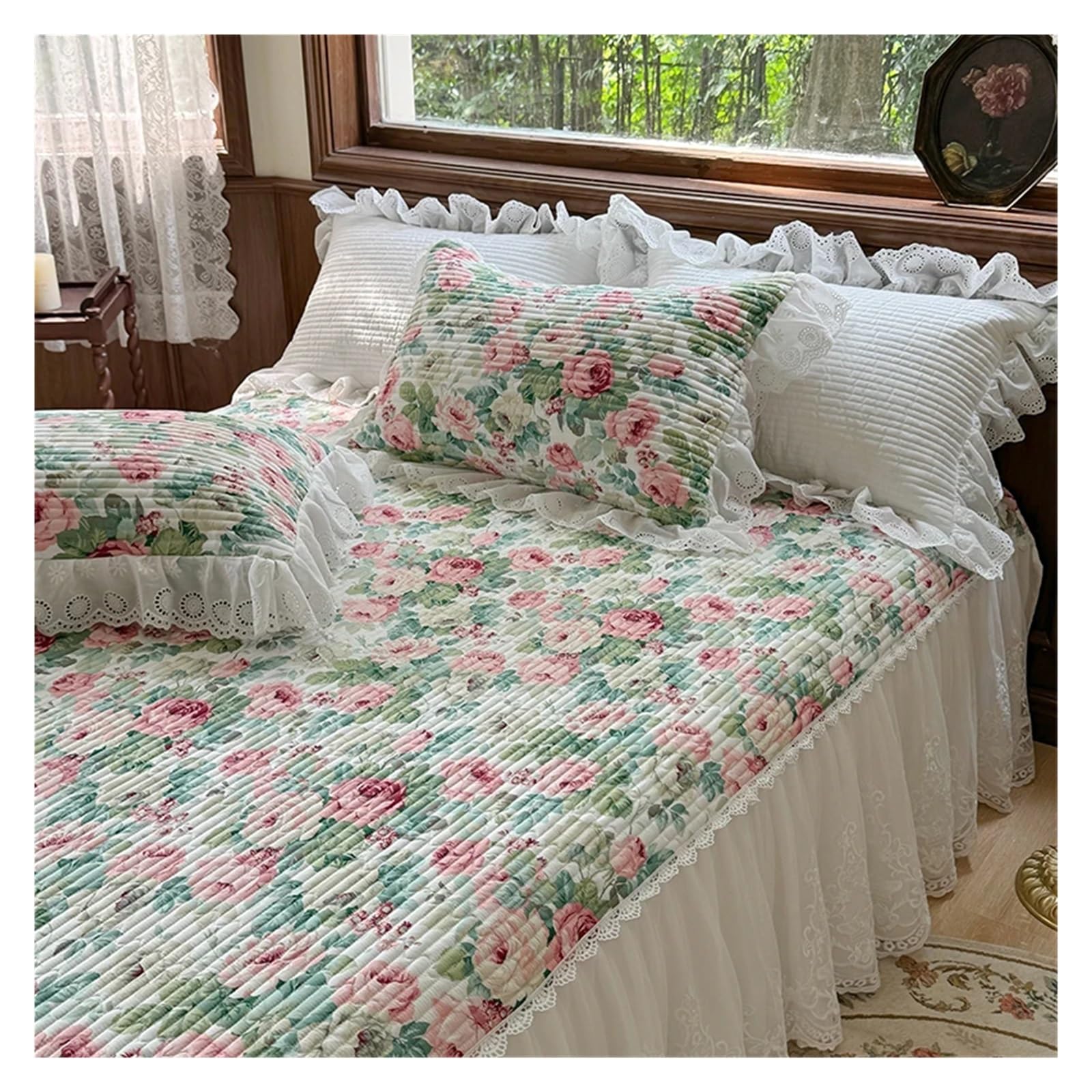 3Pcs Lace Ruffles Quilted Skirt, Mattress Cover Sheet, With Pillowcases, Suitable For 1.2M/1.5/1.8/2M Bed(3,200X220cm 3pcs)