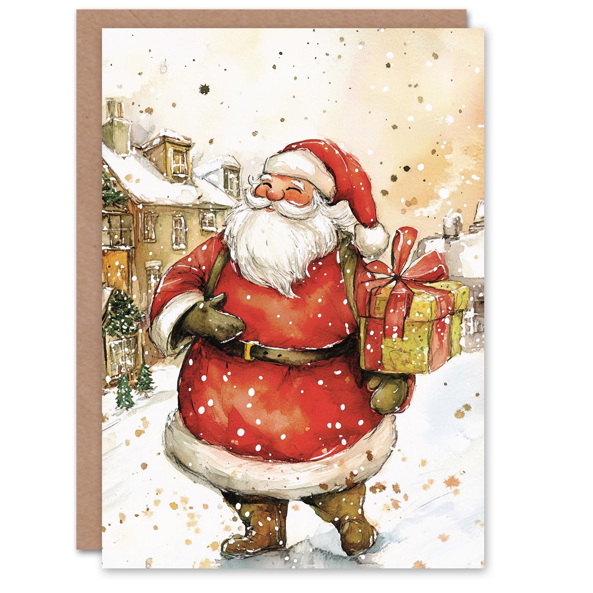 Artery8 Jolly Santa Claus With Present Blank For Him Or Her Art Xmas Festive Christmas Card