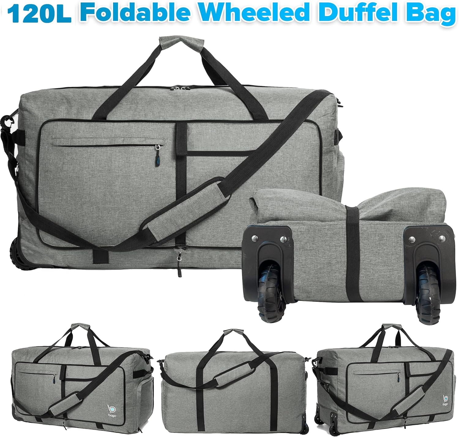 Bago Rolling Duffle Bag with Wheels - 31" 120L Foldable Weekender Bag, Waterproof Travel Duffel Bag, Heavy Duty Lightweight Duffle Bag for Traveling, Rolling Duffel Bag with Wheels (SnowGray0023) - Image 8