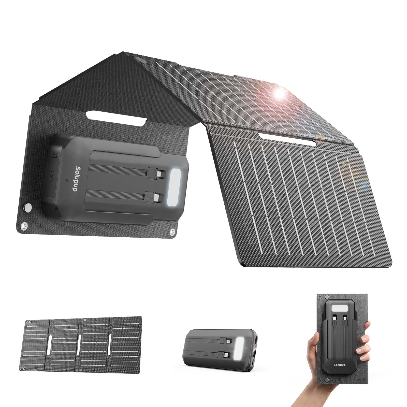SOLUPUP Cargador solar de 10000 mAh, 15 W plegable con 4 paneles, PD22.5 W, cargador de teléfono portátil rápido, paquete de batería externa con entrada USB-C para teléfono, camping, senderismo