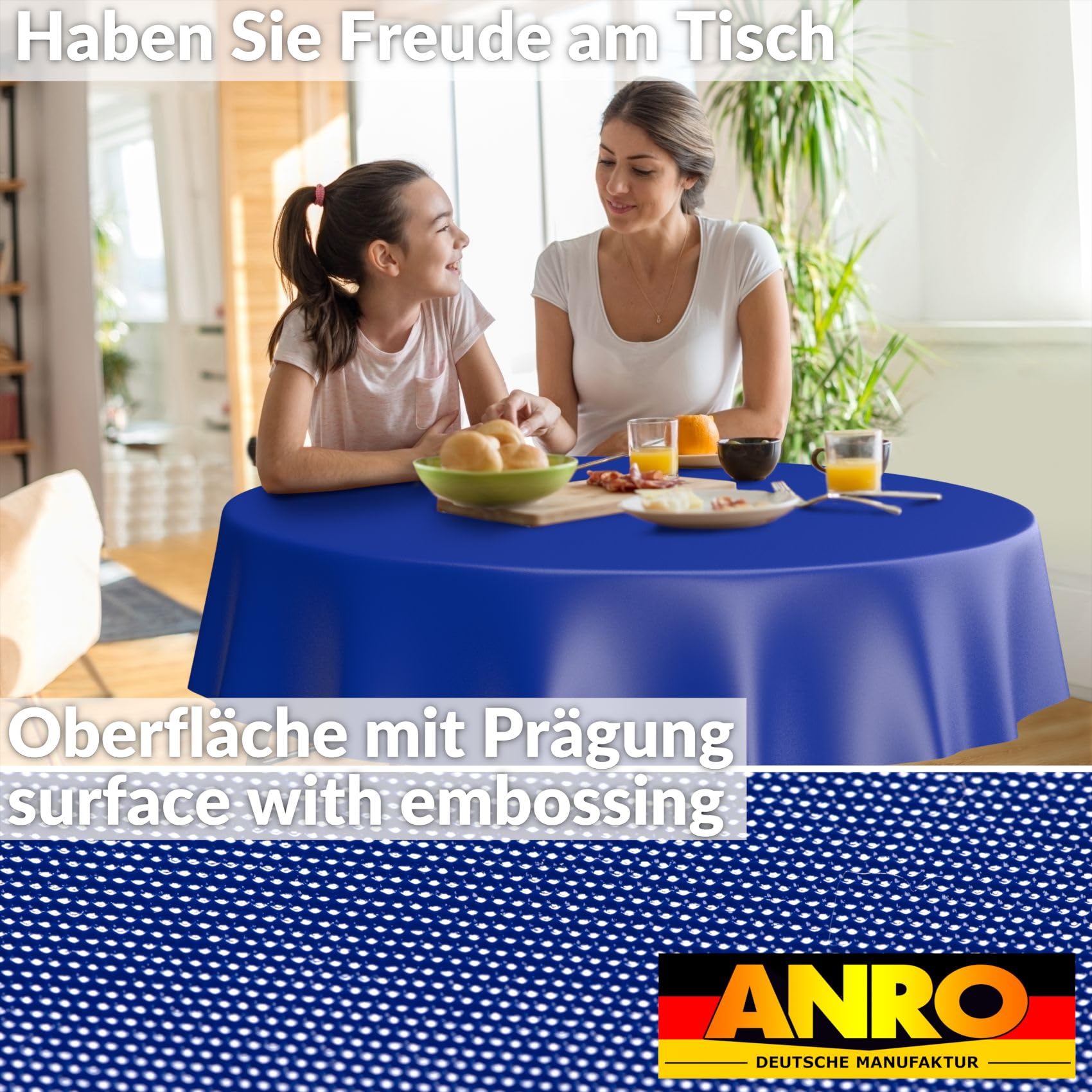 ANRO Oilcloth Tablecloth, Washable, Oilcloth, Garden Tablecloth, Outdoor, Indoor, Round, 100 cm, Cut Edge, Blue - Image 3